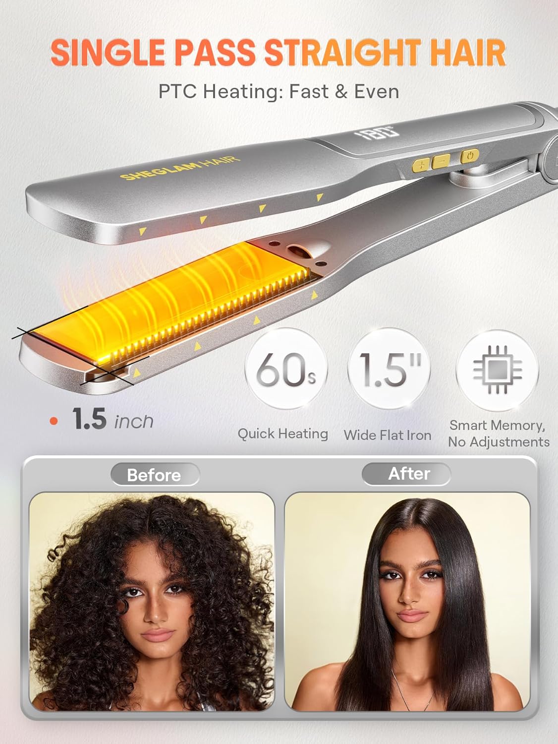SHEGLAM Hair Straightener, 1.5" Flat Iron Straightener and Curler with Comb Tooth Adjustable Smart Memory Temp 270-450°F Dual Voltage Portable Flat Iron Hair Straightener for All Hairstyles Anti-Frizz - Image 4