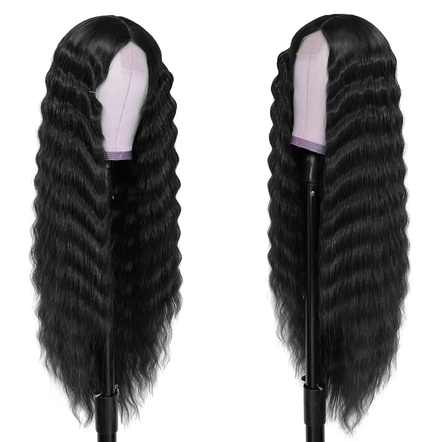 INSTASTYLE 30 Inch Synthetic Curly Wigs for Women Long Black Hair Wig Lace Front 4" Simulated Scalp Natural Loose Deep Wave Crimps Curls Wig As Hair Replacement Wigs 1B - Image 3
