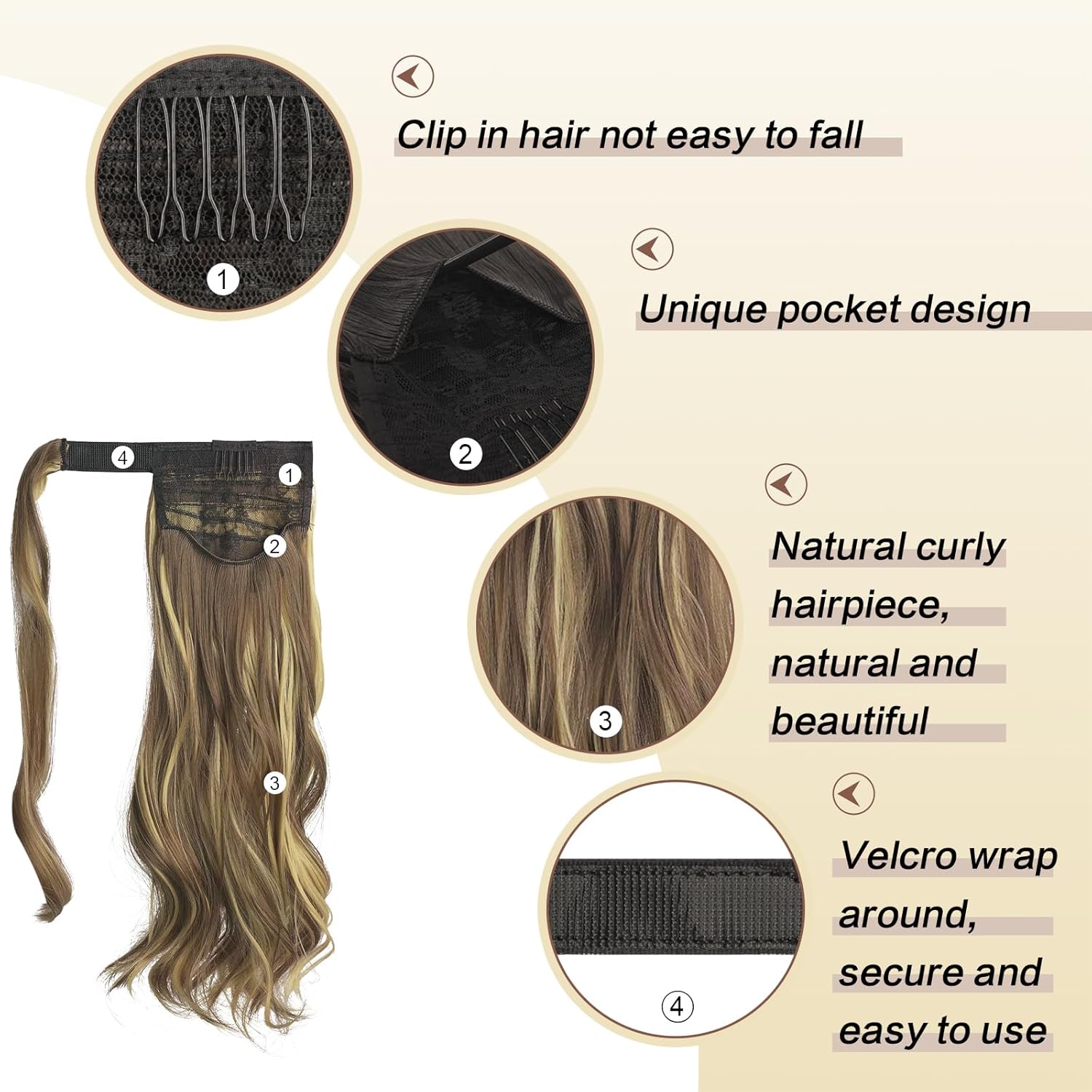 SOFEIYAN Curly Ponytail Extension 15 Inch Heat Resistant Synthetic Natural Wavy Hairpiece Wrap Around Pony Tail Hair Extensions for White Black Women Hair Piece, Brown Mixed Blonde - Image 4