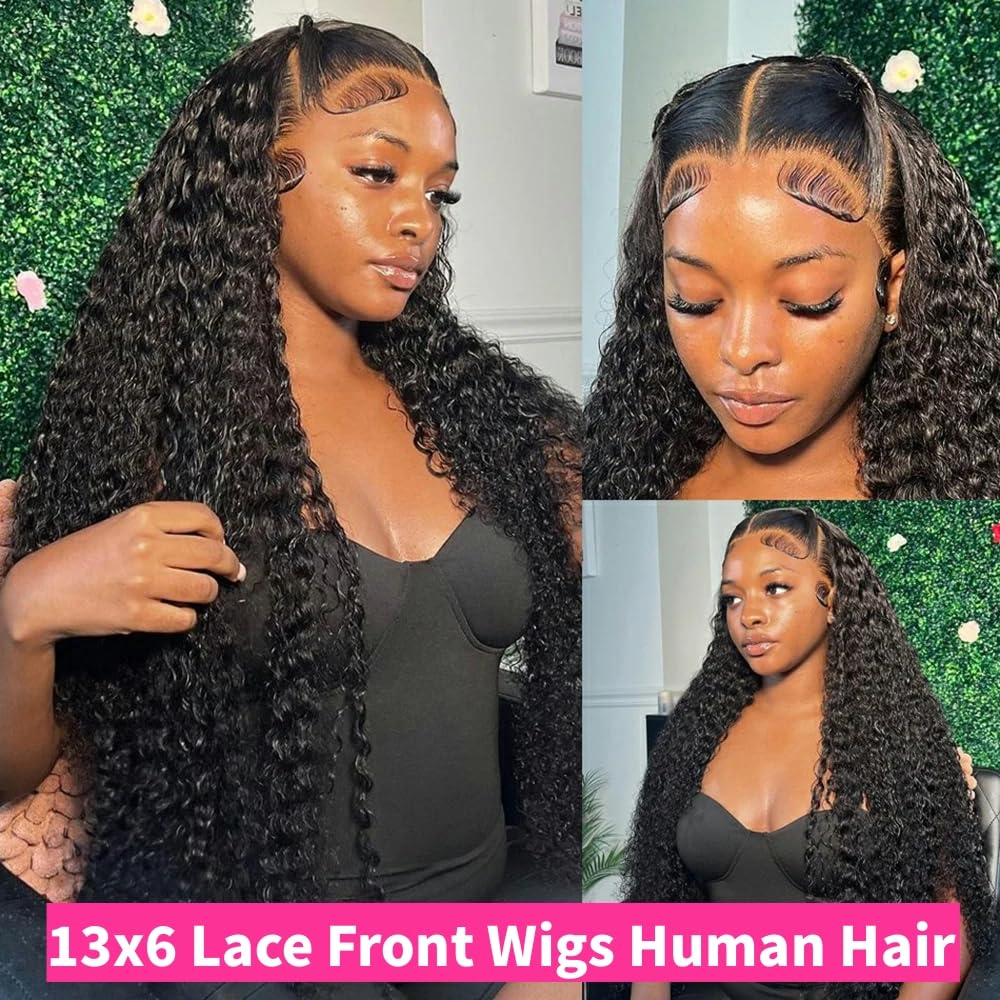 JTMMP 13x6 Deep Wave Lace Front Wigs Human Hair 200% Density 26 Inch Curly Human Hair Wig for Women Natural Black HD Transparent Lace Glueless Frontal Wigs Human Hair Pre Plucked - Image 6