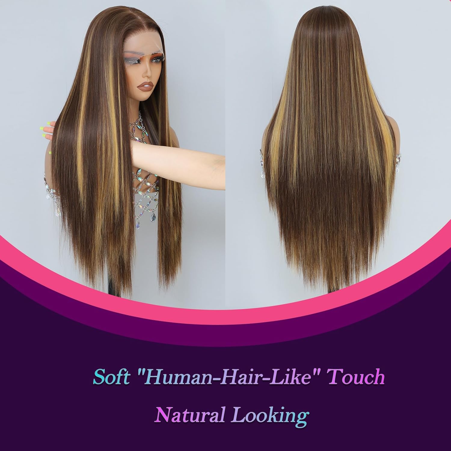 Synthetic Lace Front Wig, Honey Blonde Wig 13x6 Hd Lace Pre-Plucked Long Straight Highlights Glueless Wigs for Black Women 26 Inch Suitable for Everyday Wear - Image 3