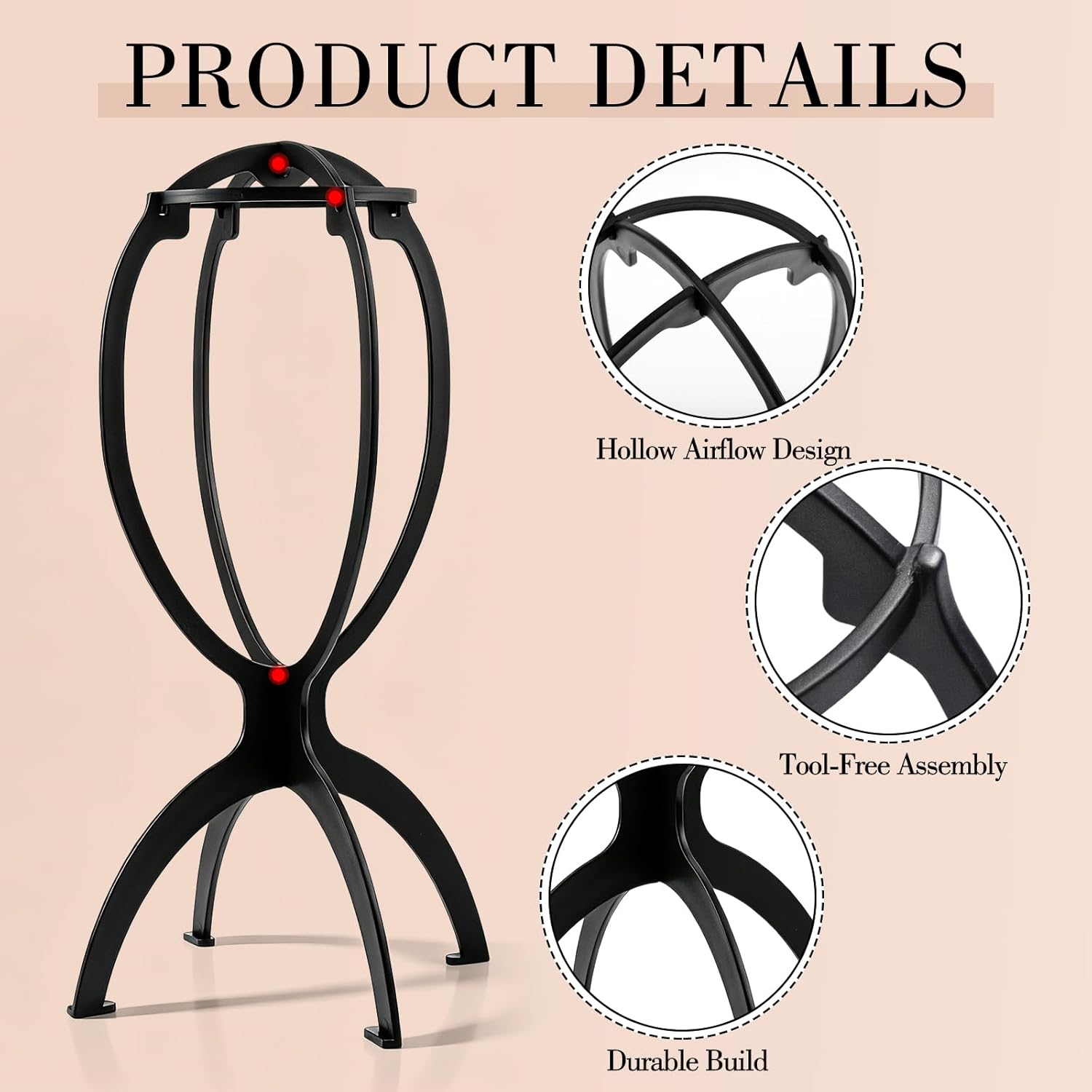 obeoby Portable Wig Stand, Upgraded Greater Stability Wig Holder for Women Multiple Wigs Travel Salon Home Use Black, 2 Pack - Image 4