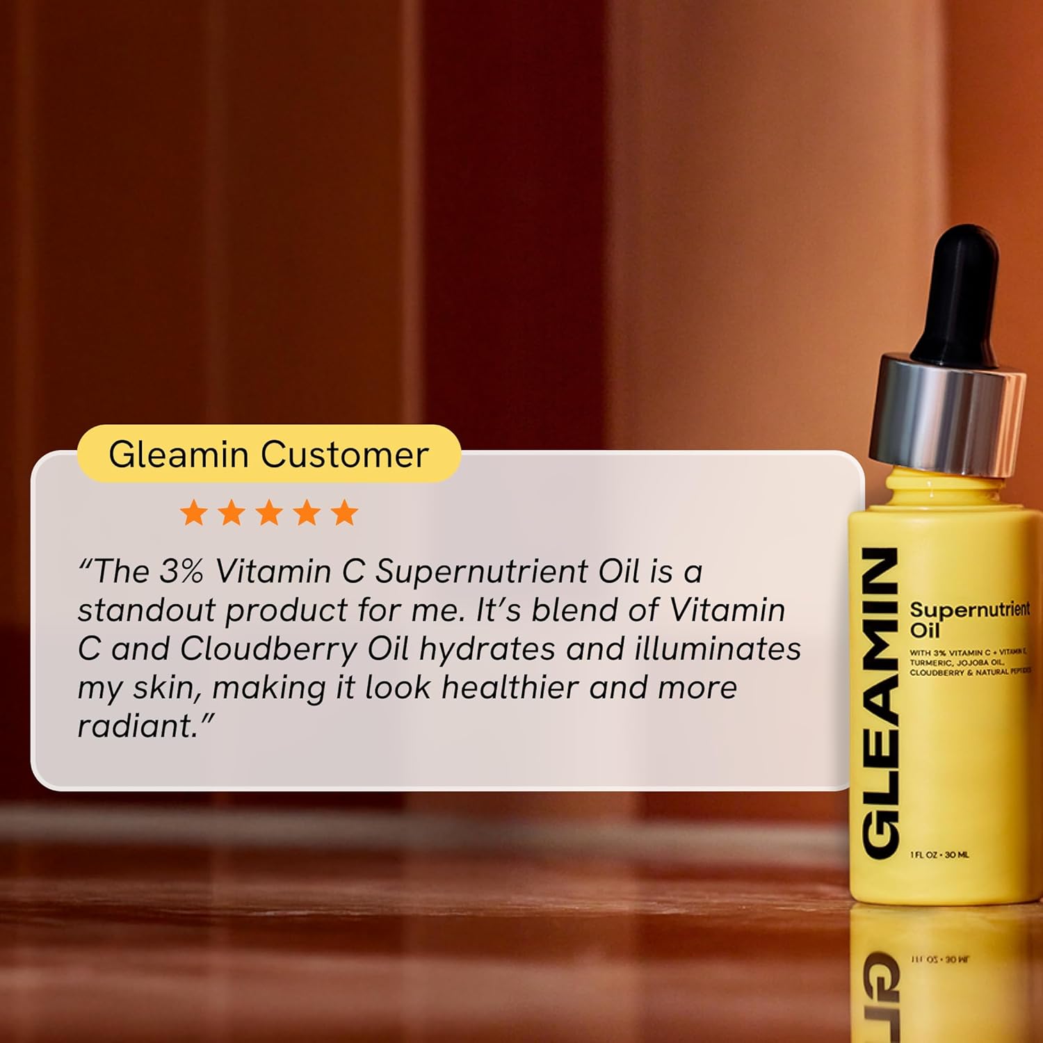 Gleamin Supernutrient Facial Oil - 3% Vitamin C with Jojoba Oil, Cloudberry & Turmeric for Hydration, Firm Look & Even Tone - Lightweight, Fragrance-Free, Skin Care for Women and Men - 1 Fl Oz - Image 8