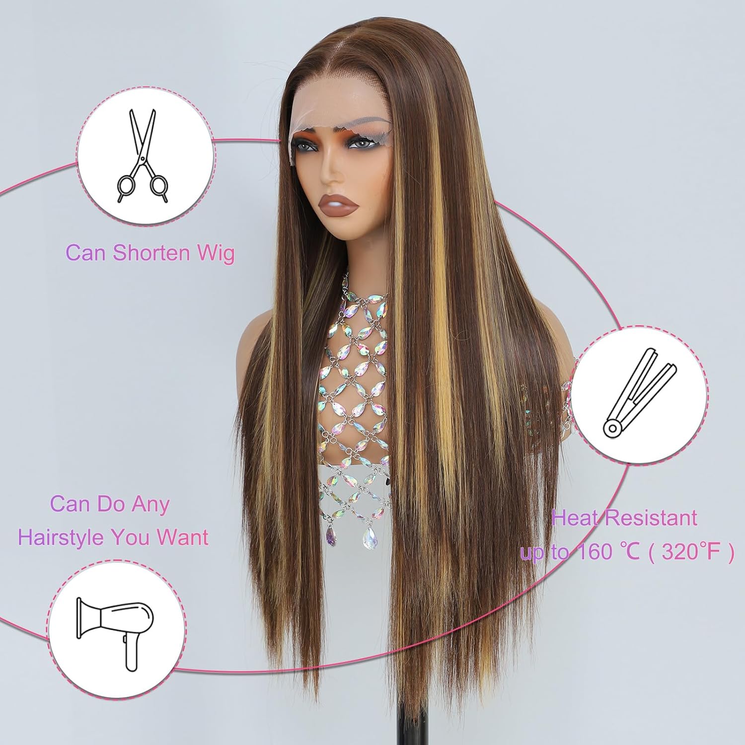 Synthetic Lace Front Wig, Honey Blonde Wig 13x6 Hd Lace Pre-Plucked Long Straight Highlights Glueless Wigs for Black Women 26 Inch Suitable for Everyday Wear - Image 5
