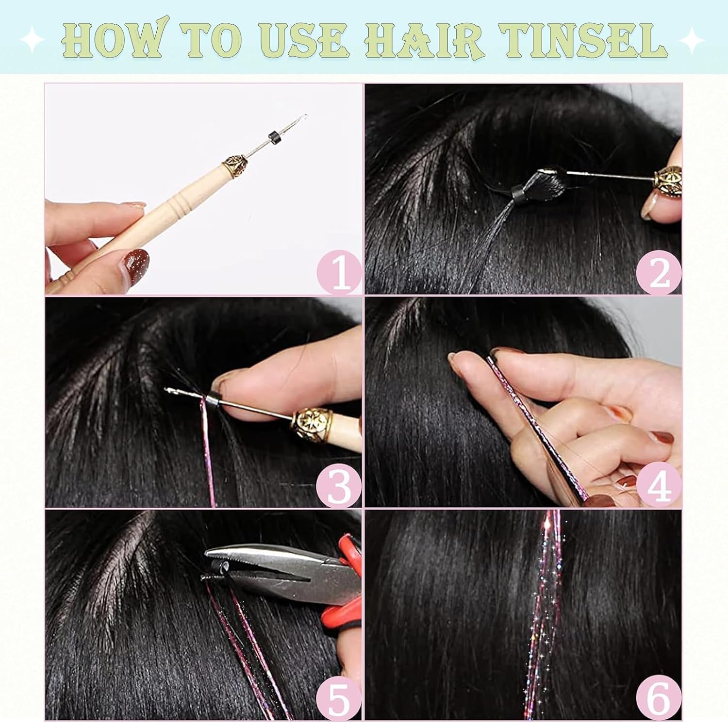 Hair Tinsel,18 Colors Hair Tinsel Kit for Girls 7600 Strands Fairy Tinsel Hair Extensions Holographic Hair Tinsel Heat Resistant Colored Hair Glitter Christmas Party Festival (18 Colors) - Image 7