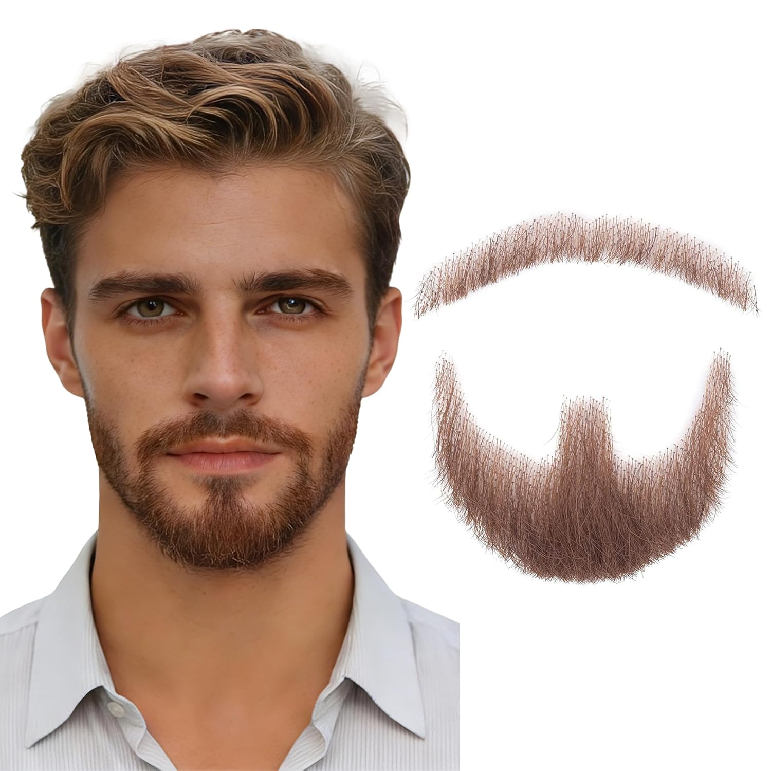 Ailsa Fake Beard Realistic Mustache Brown Goatee Costume Facial Hair 100% Human Hair Invisible Lace False Beards for Halloween Cosplay Parties Drama Movie Makeup
