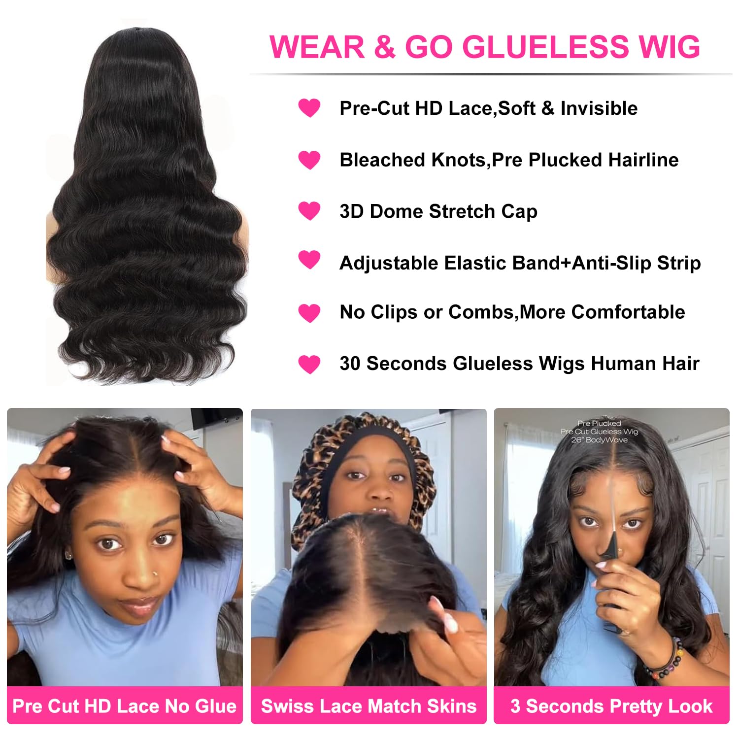 Uveous 28 Inch Wear and Go Glueless Wigs Human Hair Pre Plukced Pre Cut 5x5 Hd Lace Closure Wigs Human Hair for Women 180% Density Ready to Wear Glueless Body Wave Lace Front Wigs No Glue Wigs - Image 3