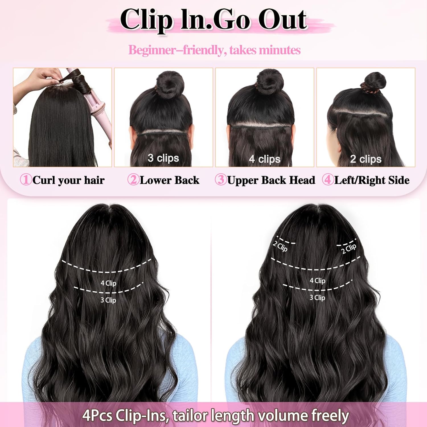 ALXNAN Clip in Long Wavy Synthetic Hair Extension 24 Inch Black Brown 4PCS Thick Hairpieces Fiber Double Weft Hair for Women - Image 4