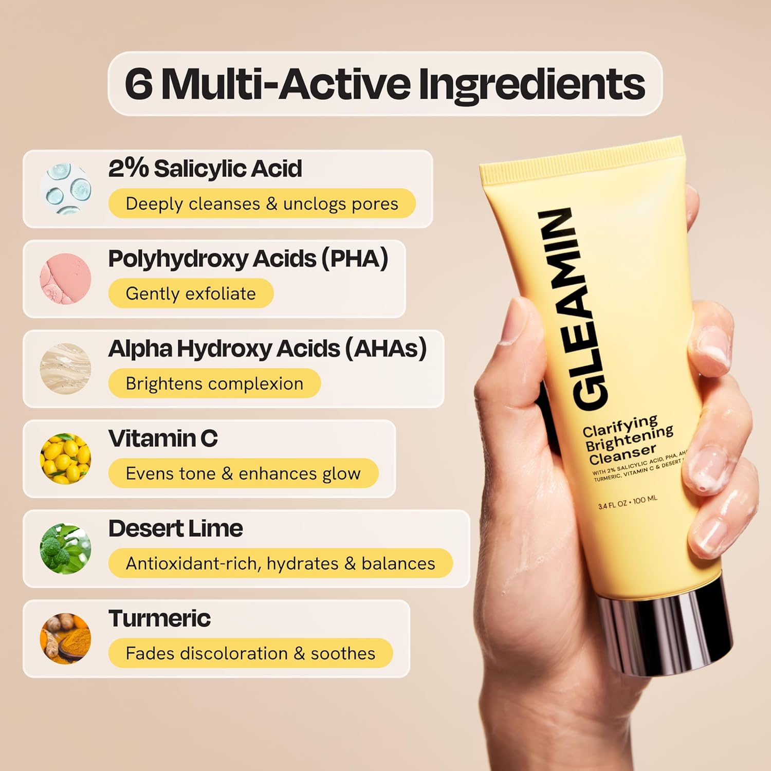 Gleamin Clarifying Brightening Cleanser - 2% Salicylic Acid with Vitamin C Facial Cleanser, PHA & AHA, Unclogs Pores, Gently Exfoliates for All Skin Types, Fragrance Free - 3.4 fl oz - Image 5