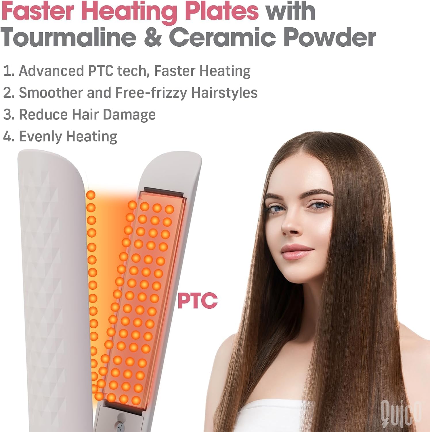 Quico Hair Straightener, 110-240V Global Travel Hair Straighteners for Women, 15s Fast Heating, Ceramic Negative Ion Flat Iron, Temp Memory, 320℉-450℉, Auto-Off, with Glove and Clips, Gift, Pink - Image 6