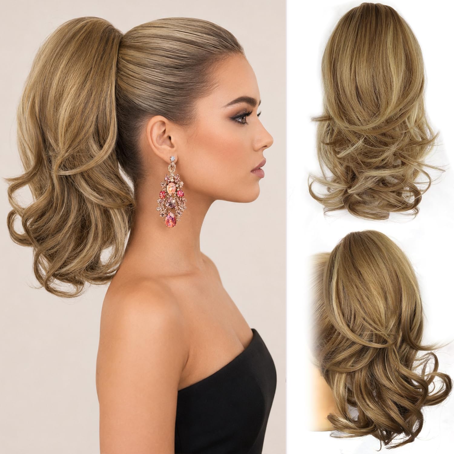 14 Inch Ponytail Extension - Wavy Pony Tails Hair Extensions, Claw Clip Ponytail Extension, Synthetic Hair Extensions Ponytail, Clip on Ponytails for Women (Light Brown With Beige Highlights)