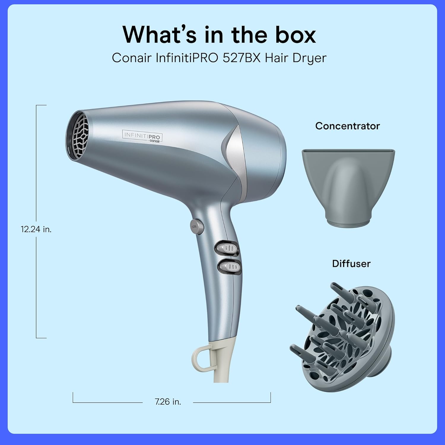 Conair InfinitiPRO Style & Shine Hair Dryer, 1 lb Ultra-Lightweight Blow Dryer with Curl-Defining Diffuser, 1875W, Blue, 527BX - Image 7