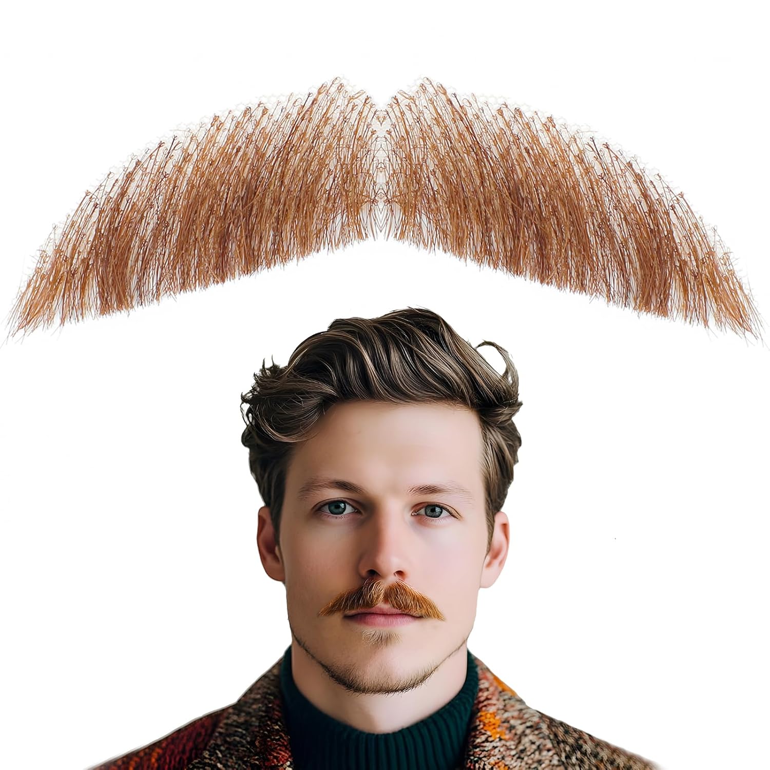 Fake Mustache Natural Realistic 100% Human Hair Fake Beard Handmade Invisible Lace Fake Facial Hair for Entertainment/Drama/Parties/Cosplay/Halloween (Brown Fake Beard 2-2)