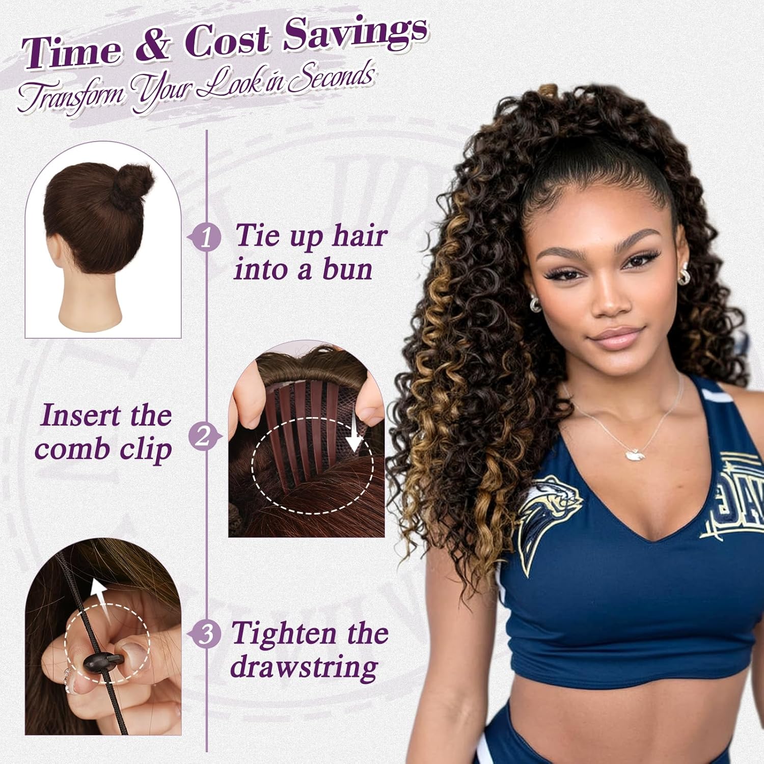 BARSDAR Ponytail Extension, Curly Drawstring Ponytail Pure Protein Fiber 18 Inch Bohemian Curly Drawstring Comb Clip in Pony Tails Hairpieces Fluffy Soft Daily Party, Black Brown with Highlights - Image 4