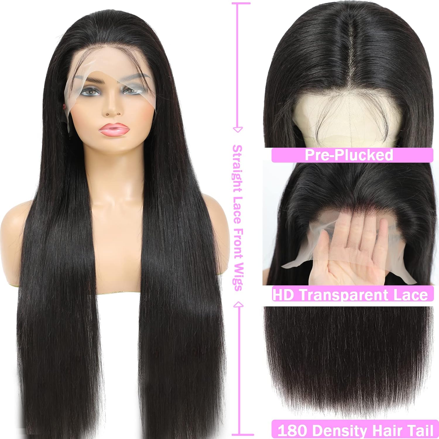 TTSMINS 13x6 Lace Front Wigs Human Hair for Women 180 Density HD Transparent 28 Inch Straight Lace Front Wigs Human Hair Pre Plucked Glueless Lace Frontal Wigs Natural Black Color - Image 5