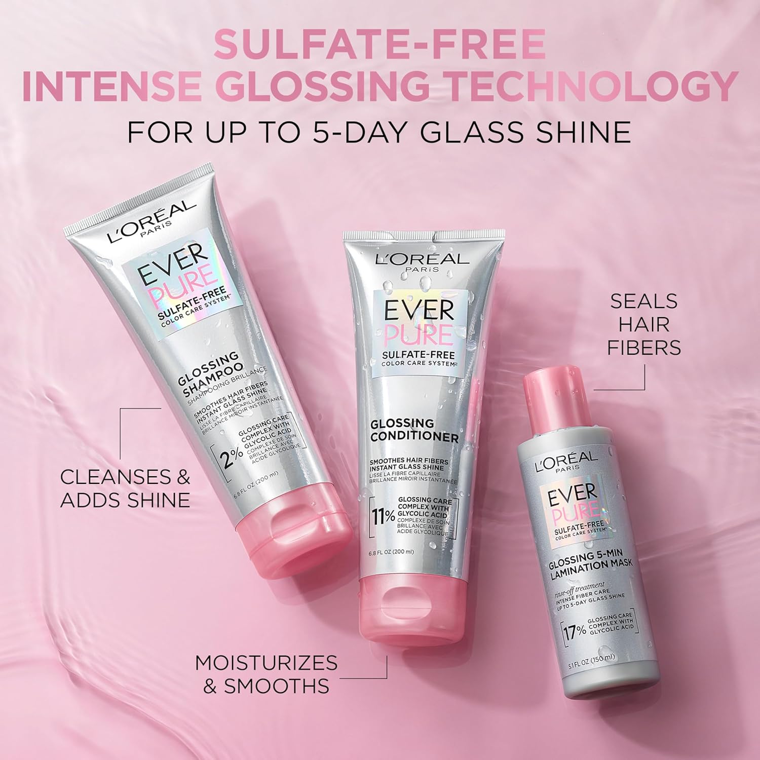 L'Oreal Paris Sulfate Free Glossing Lamination Hair Mask, 5-Minute Rinse-Off Hair Treatment with Glycolic Acid for Glass Shine, Smoothness & Soft Feel, Color Caring, EverPure, 5.1 Fl Oz - Image 3
