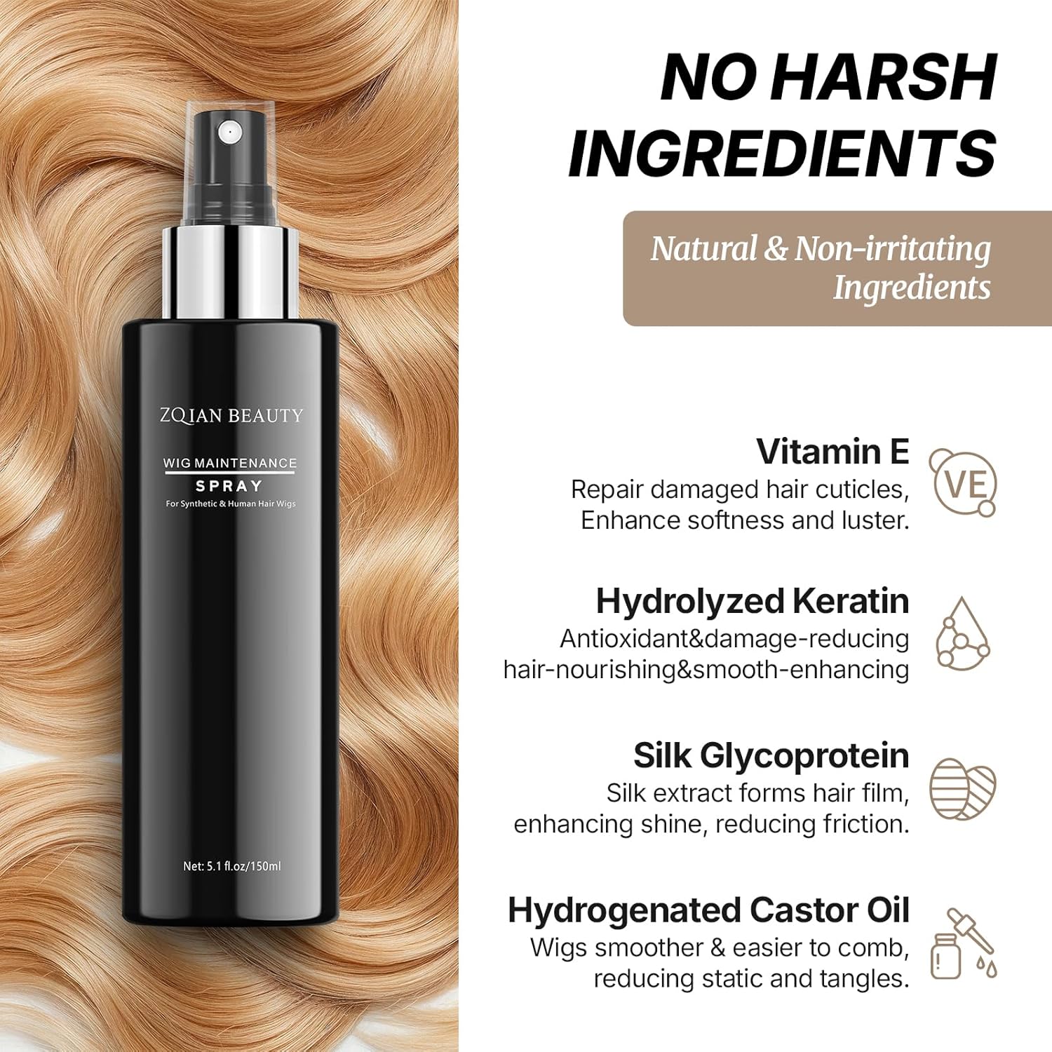 Wig Spray for Synthetic Hair, Detangling Spray Leave In Conditioner for Wigs, Toppers, Hair Extensions & Human Hair, Detangles, Nourishes, Restores Shine & Protects Synthetic Fiber, 5.1 fl.oz - Image 3