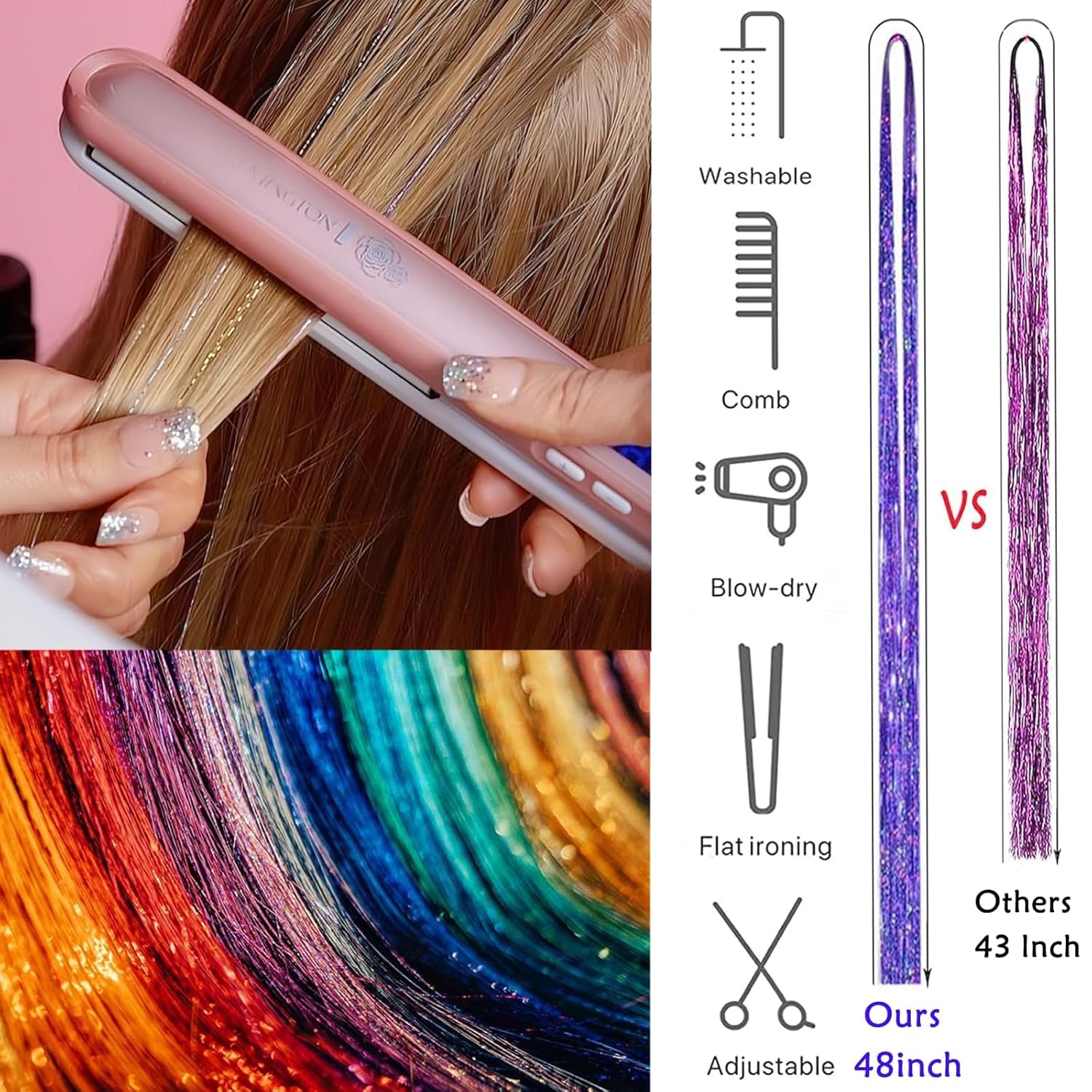 Hair Tinsel,18 Colors Hair Tinsel Kit for Girls 7600 Strands Fairy Tinsel Hair Extensions Holographic Hair Tinsel Heat Resistant Colored Hair Glitter Christmas Party Festival (18 Colors) - Image 6