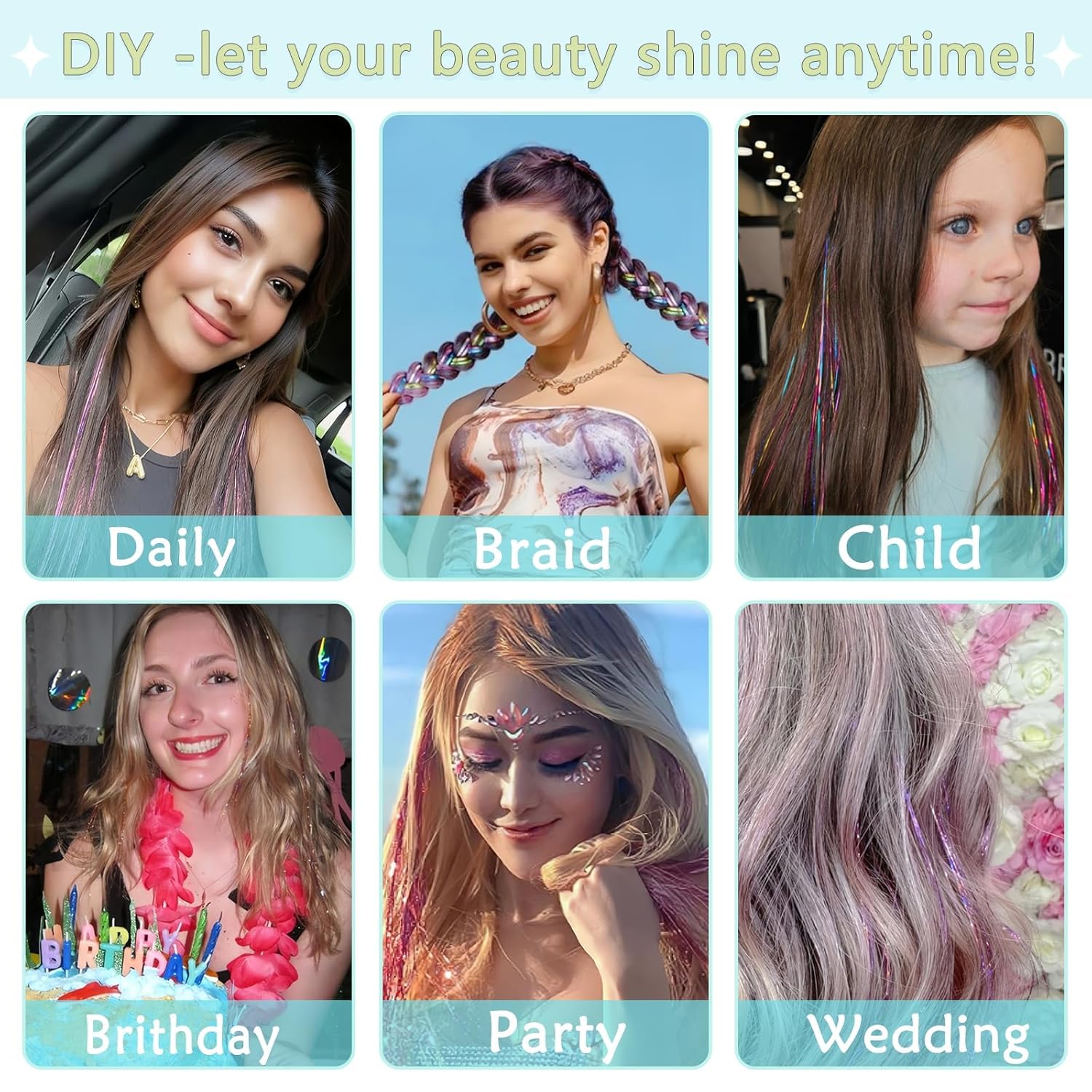 Hair Tinsel,18 Colors Hair Tinsel Kit for Girls 7600 Strands Fairy Tinsel Hair Extensions Holographic Hair Tinsel Heat Resistant Colored Hair Glitter Christmas Party Festival (18 Colors) - Image 4