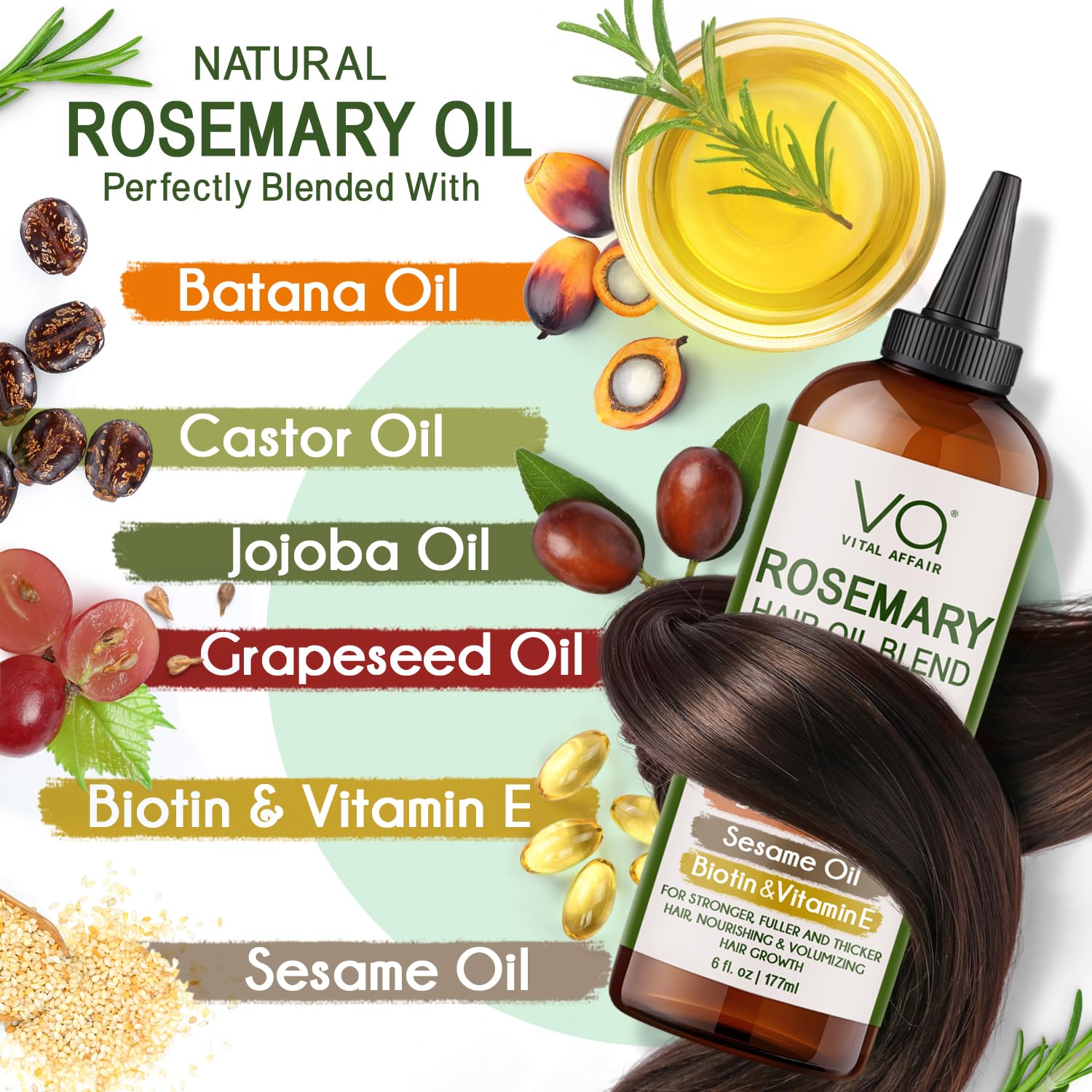 Blend Of Pure Rosemary Oil For Hair Growth With Castor, Batana, Jojoba Oil-Infused With Biotin & Vitamin E-Blend of Effective Hair Oils for Hair Growth-Strengthening Treatment-By Vital Affair-6 Fl Oz - Image 5