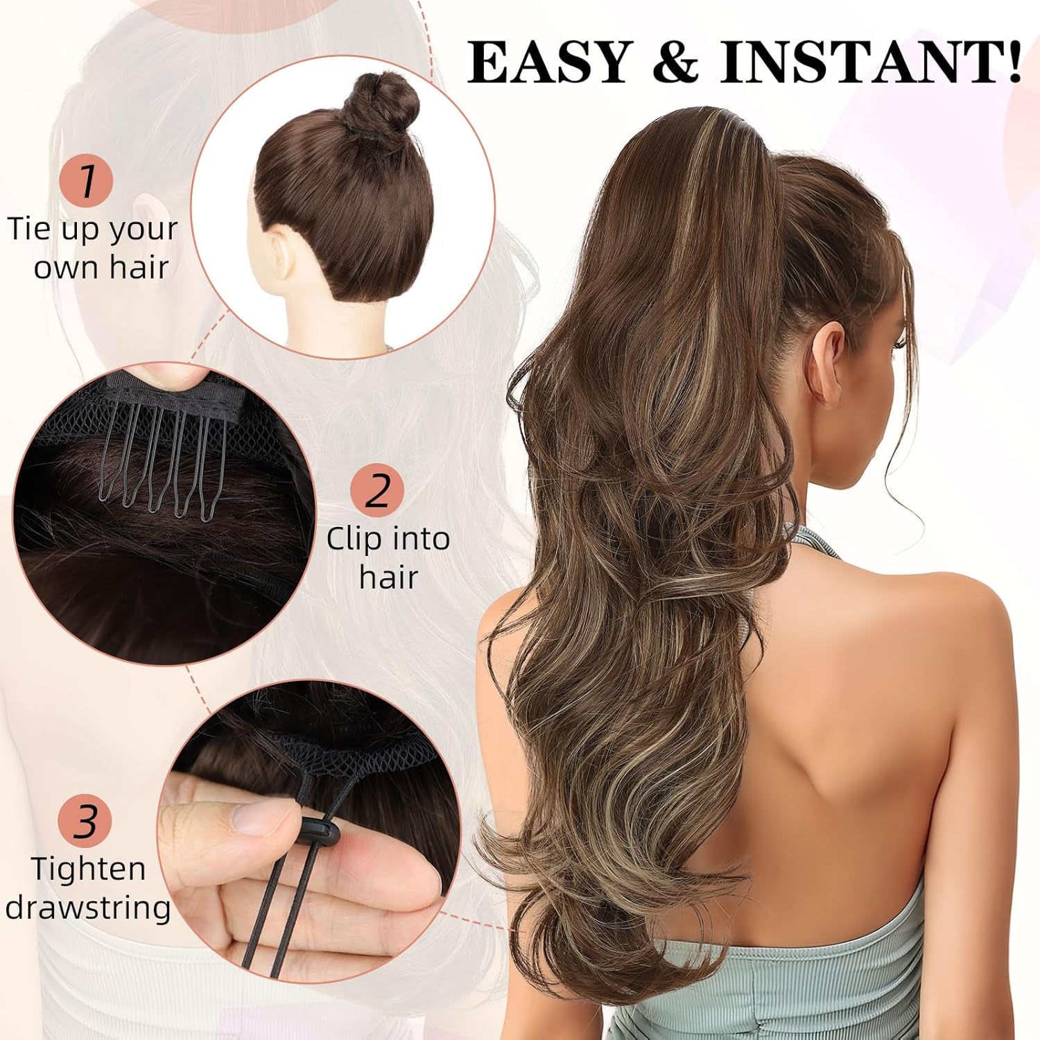 BOGSEA Ponytail Extension 26 Inch Drawstring Ponytail Extension for Women Long Wavy Hair Extensions for Daily Use(1B) - Image 6