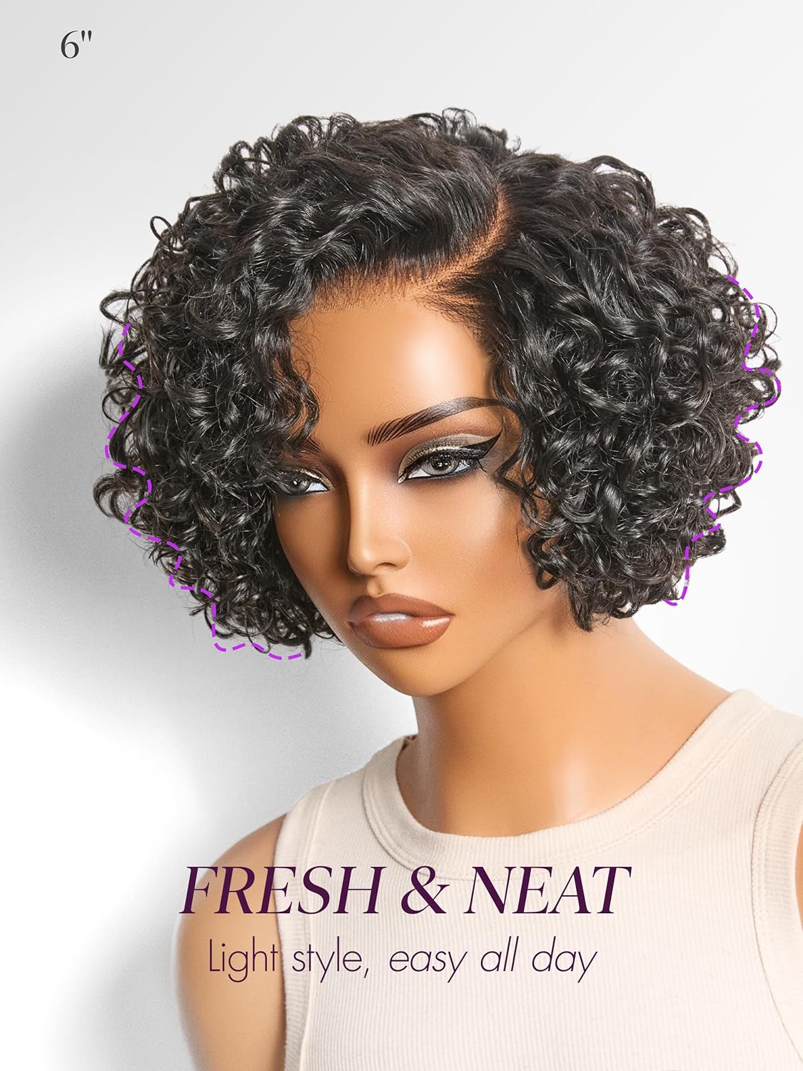 LUVME HAIR 6" Curly Glueless Wigs Human Hair Pre Cut Plucked Undetectable HD Lace Wig Ready to Go Lace Bob Wig Short Curly Water Wave - Image 3