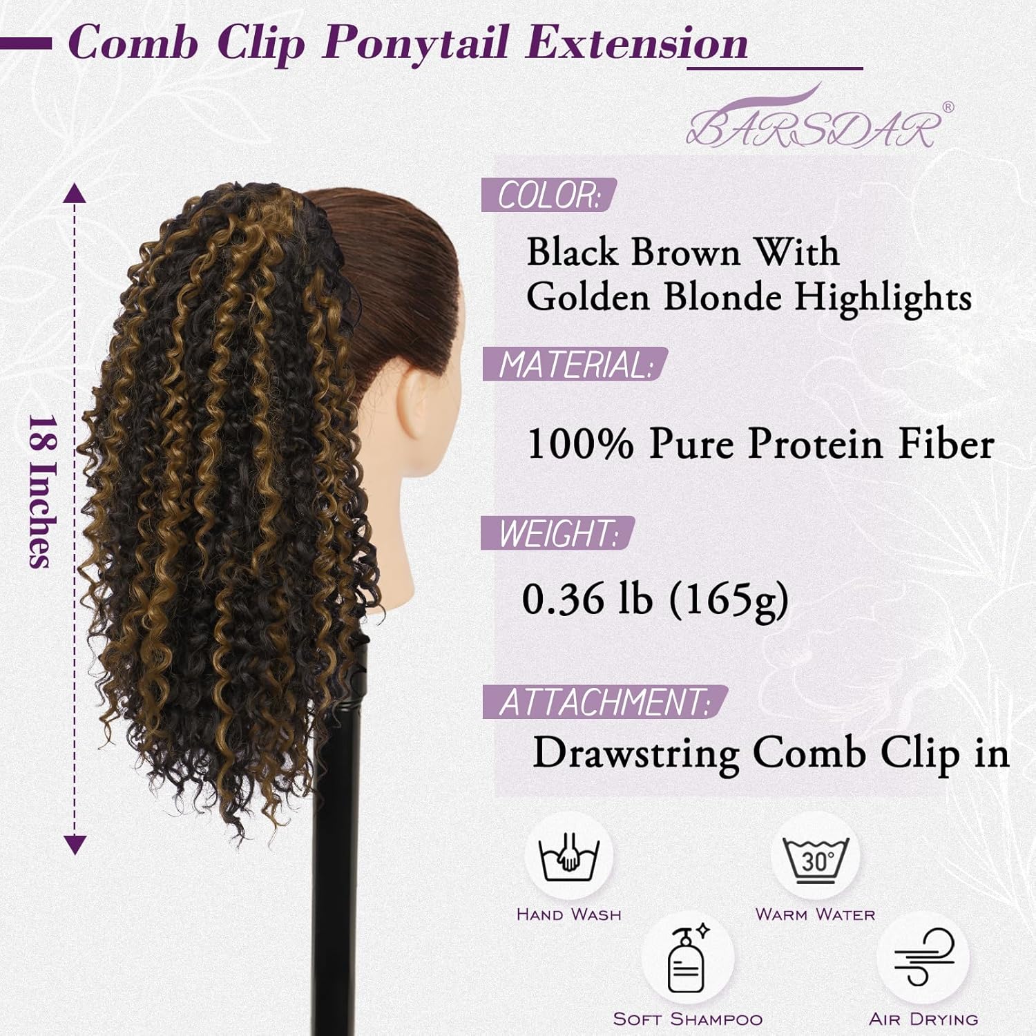 BARSDAR Ponytail Extension, Curly Drawstring Ponytail Pure Protein Fiber 18 Inch Bohemian Curly Drawstring Comb Clip in Pony Tails Hairpieces Fluffy Soft Daily Party, Black Brown with Highlights - Image 2