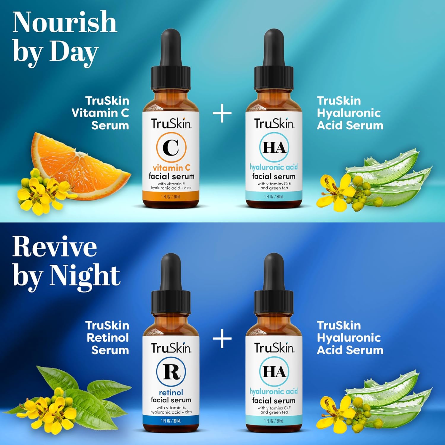 TruSkin Face Serum Trio - Vitamin C, Retinol & Hyaluronic Acid Anti-Aging Serums for Face - AM, PM & All-Day Skincare Routine - Brightening, Smoothing & Hydrating Facial Serums, 1 fl oz Each - Image 3