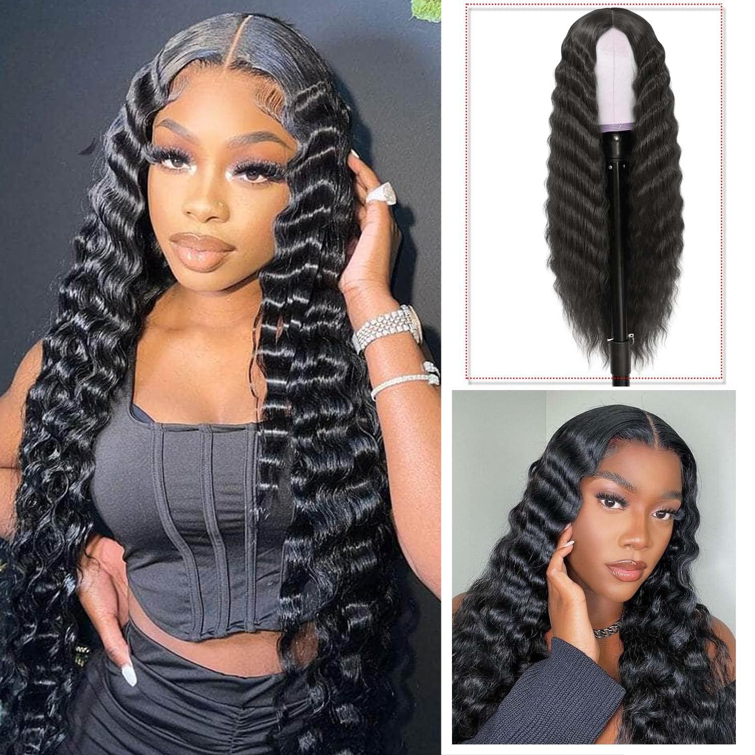 INSTASTYLE 30 Inch Synthetic Curly Wigs for Women Long Black Hair Wig Lace Front 4" Simulated Scalp Natural Loose Deep Wave Crimps Curls Wig As Hair Replacement Wigs 1B - Image 2