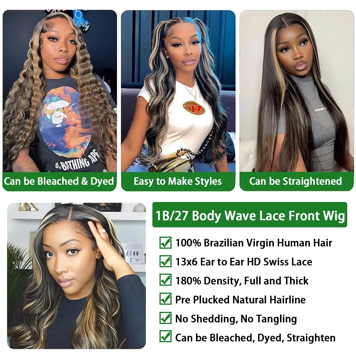 MUZOJET 1B/27 Highlight Ombre Balayage 13x6 Lace Front Wigs Human Hair Black and Blonde HD Transparent Lace Front Wig Human Hair Pre Plucked with Baby Hair for Black Women 180% Density 26 Inch - Image 4