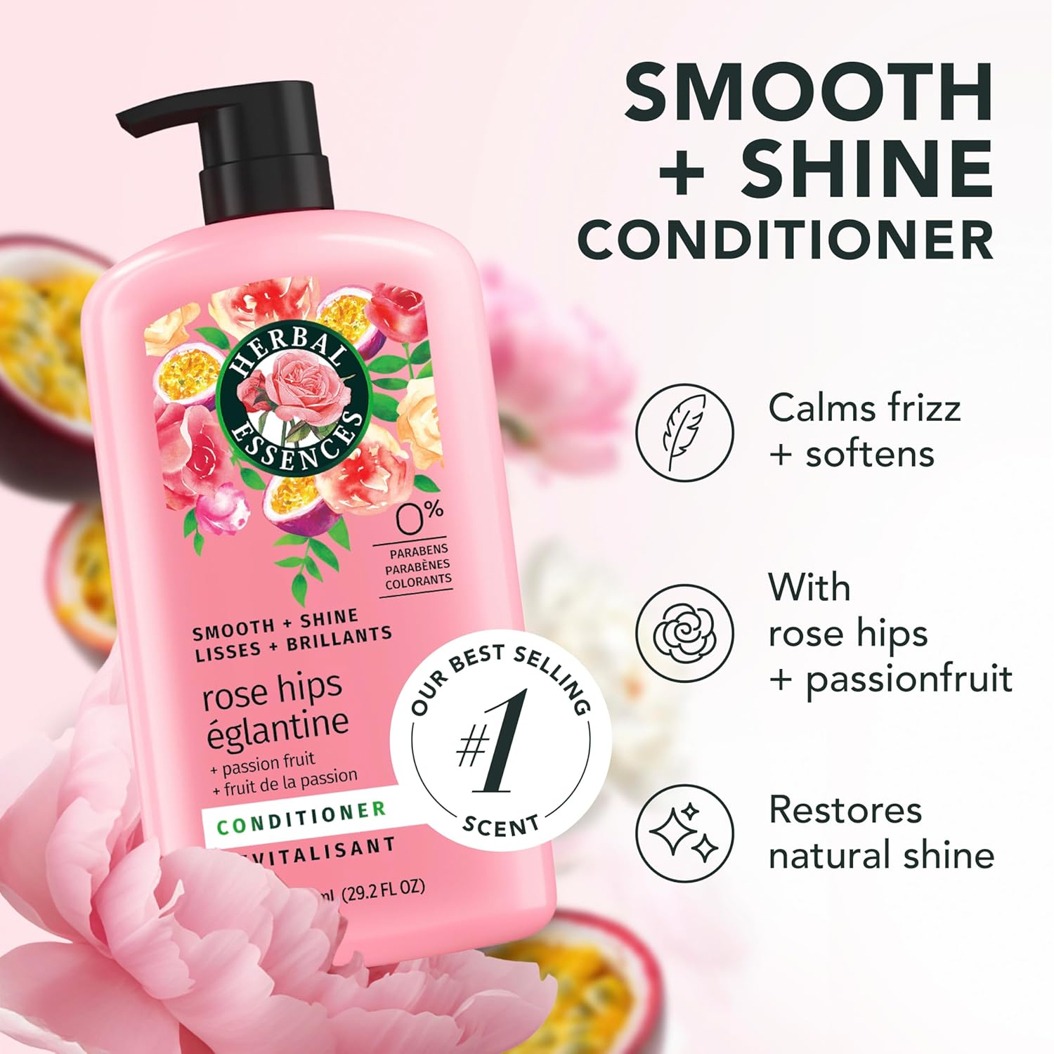 Herbal Essences Conditioner, Rose Hips + Passionfruit - Smooth Collection, Shiny Hair with Vitamin E & Jojoba, Safe for Color Treated Hair, Floral Scent, Cruelty-Free, Dermatologist-Tested, 29.2 Fl Oz - Image 2