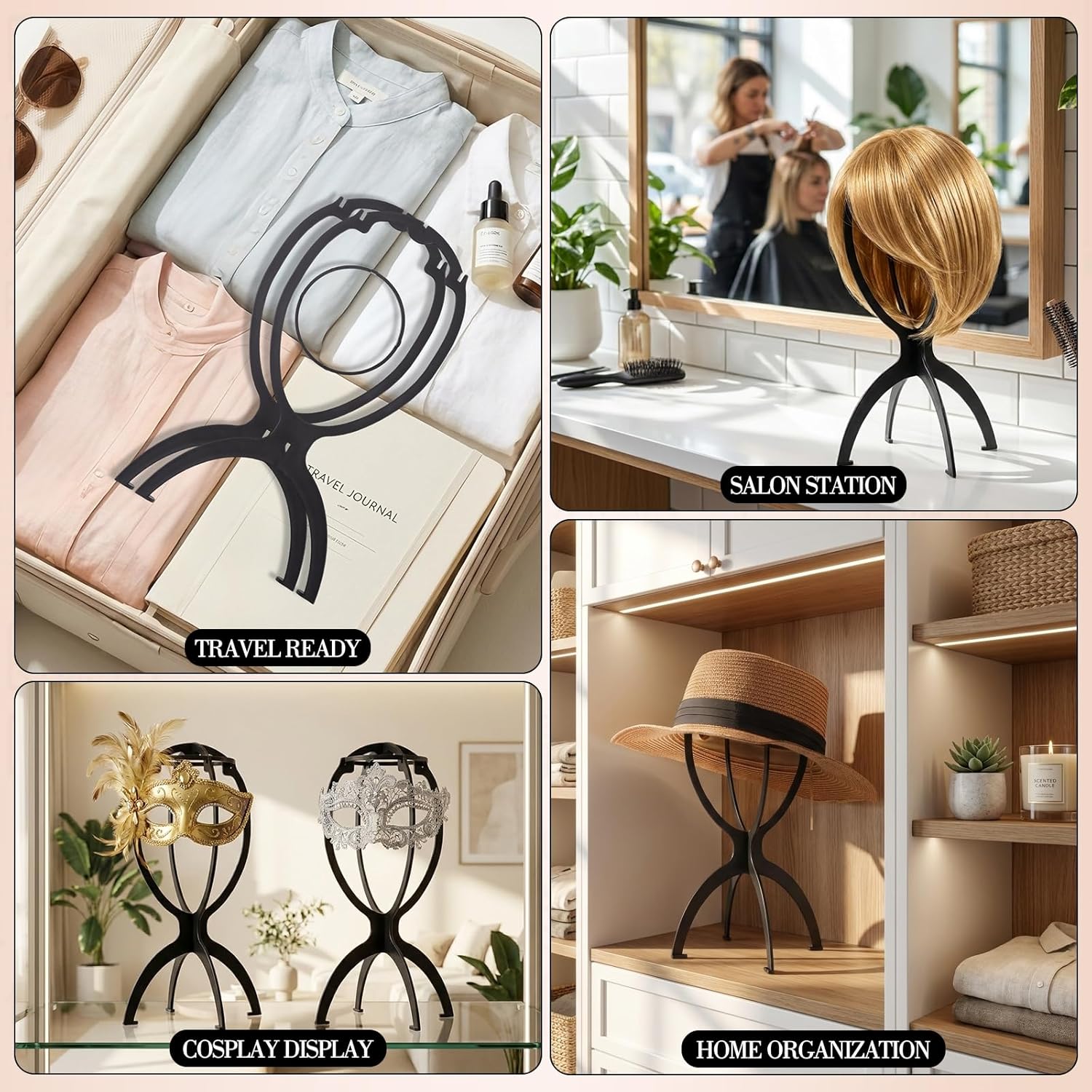 obeoby Portable Wig Stand, Upgraded Greater Stability Wig Holder for Women Multiple Wigs Travel Salon Home Use Black, 2 Pack - Image 6