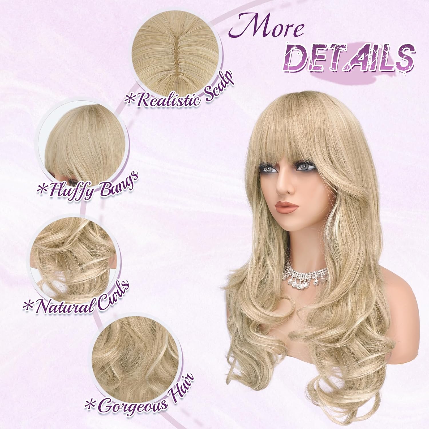 Haloo Blonde Wigs with Bangs Long Wavy Layered Haircut Natural Looking Fluffy Synthetic Heat Resistant Hair Wig for Women Daily Party, 24 Inch Dirty Blonde - Image 3