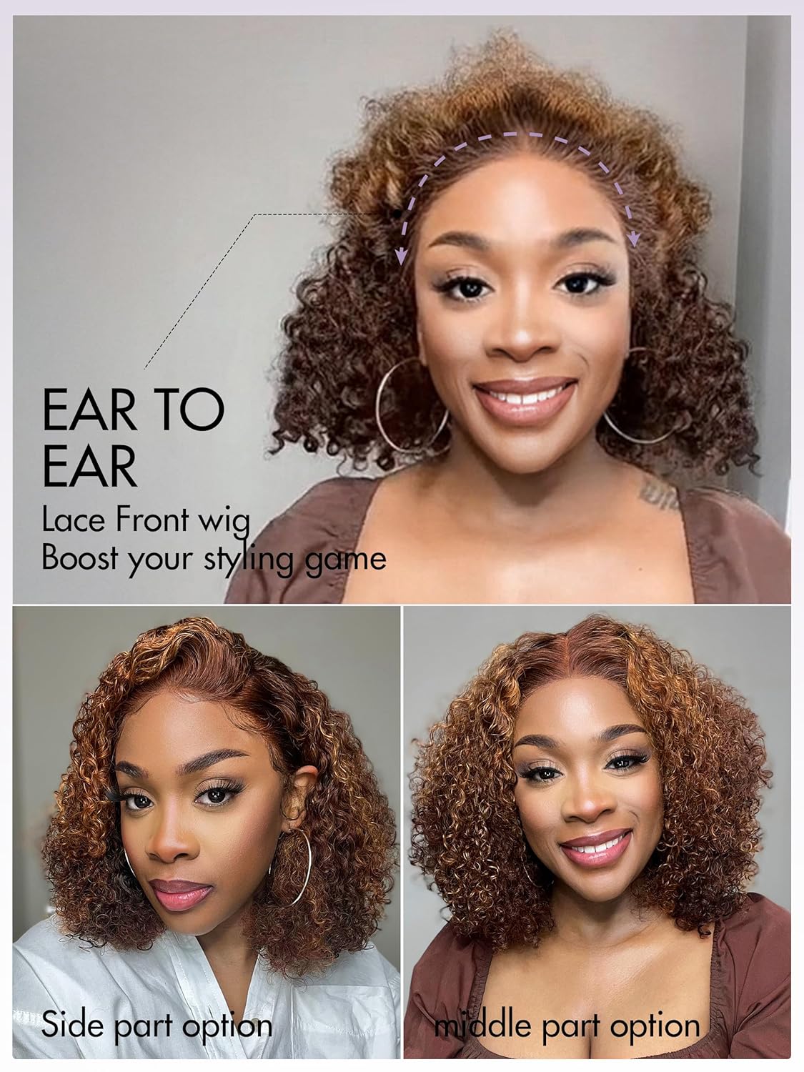 LUVME HAIR 12 Inch Brown Curly Bob Wigs Human Hair Glueless Pre Cut Highlight Lace Front Wig Pre Plucked 4/30 Mix Color Short Curly Wigs For Women - Image 6