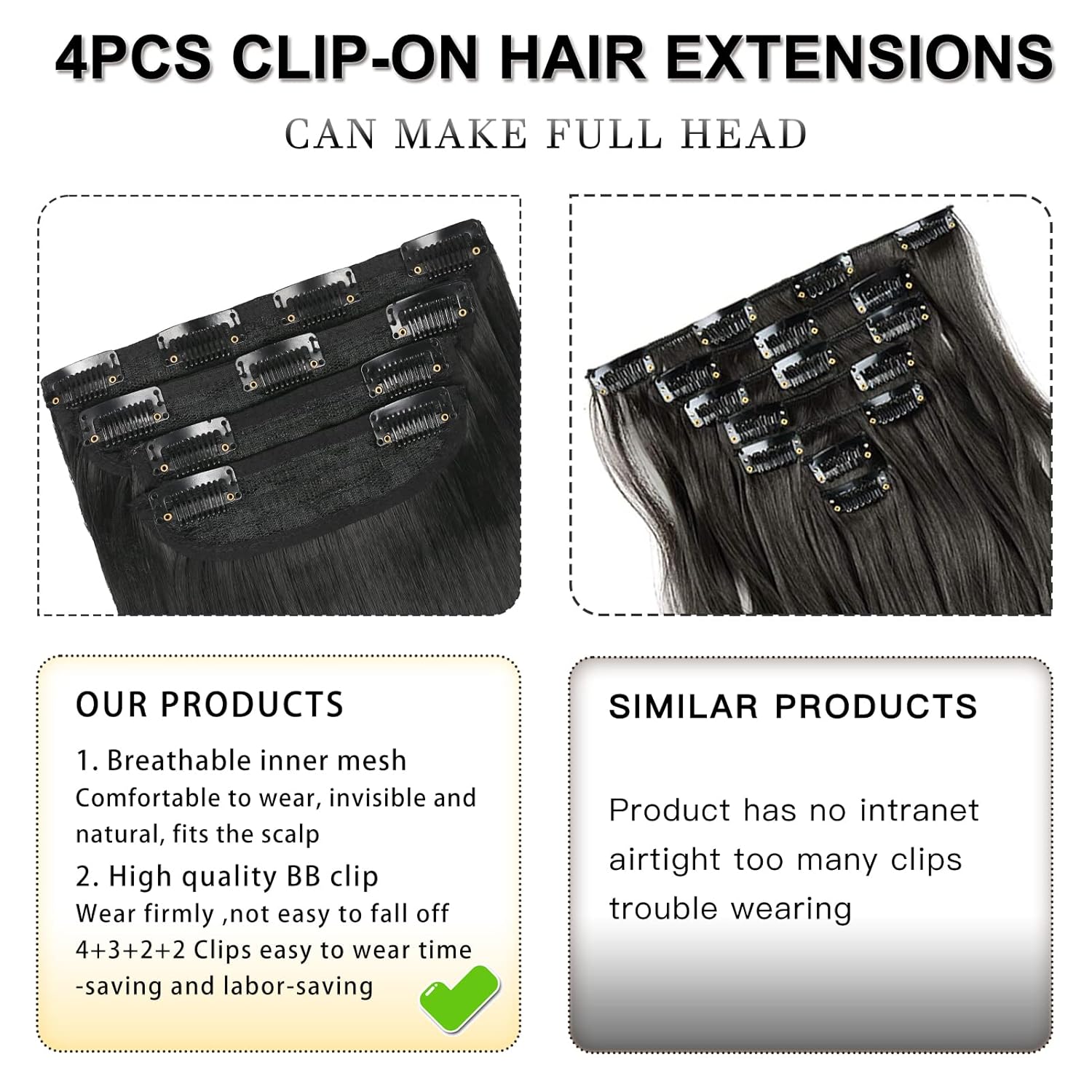 Black Hair Extensions Straight Clip in Hair Extensions Clip ins - Soft and Thick (20 Inches, 4Pcs, #1B) - Image 6