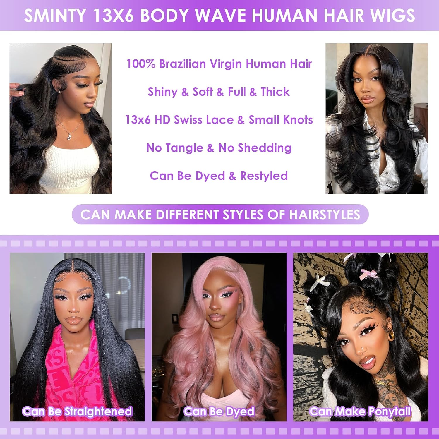 13x6 Lace Front Wigs Human Hair Pre Plucked 180% Density HD Lace Frontal Wigs Human Hair 12A Body Wave Lace Front Wigs Human Hair for Women Natural Black Color (18 Inch) - Image 6