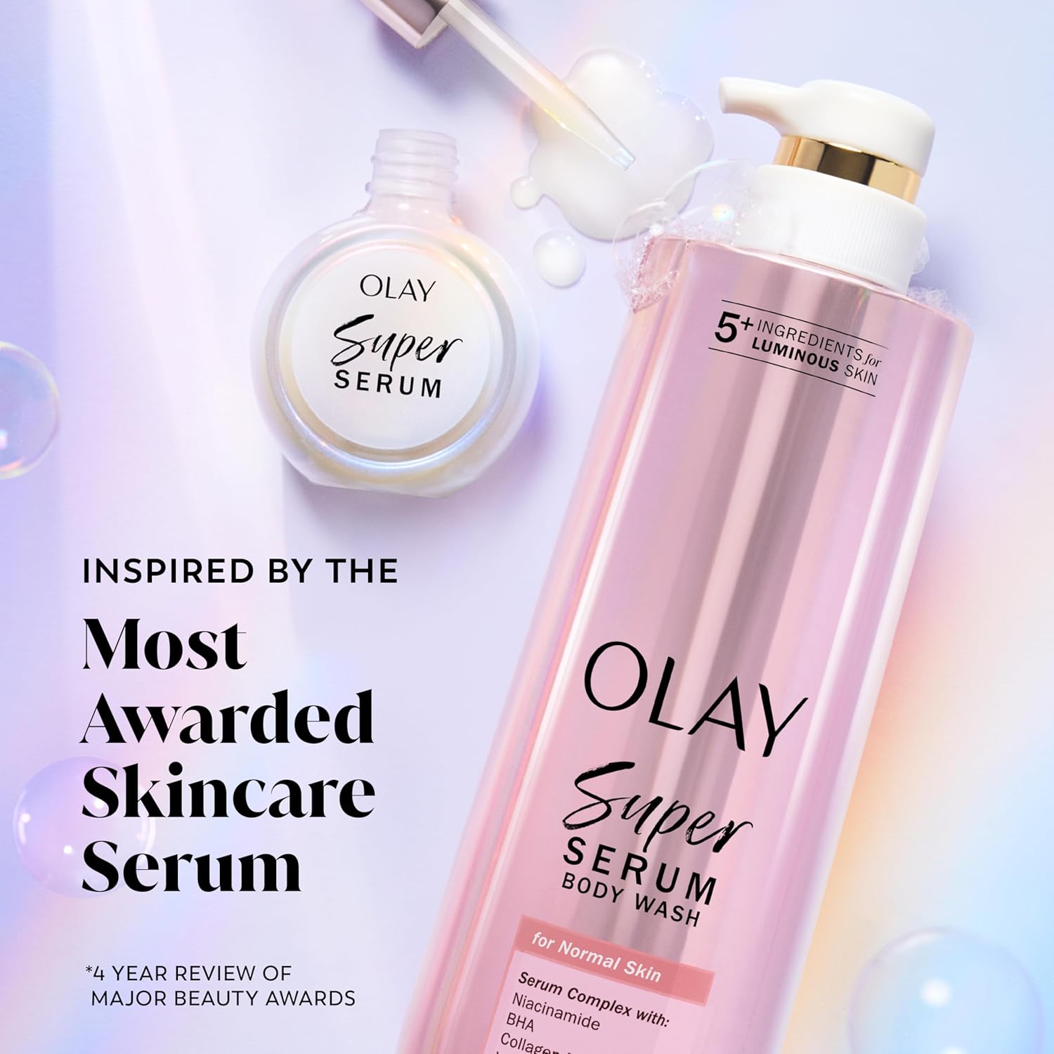 Olay Super Serum Body Wash for Normal Skin, 24hr Long Lasting Hydration, 5+ Ingredient Serum Complex for Bright Even Firm Luminous Skin, 18.5 fl oz - Image 6