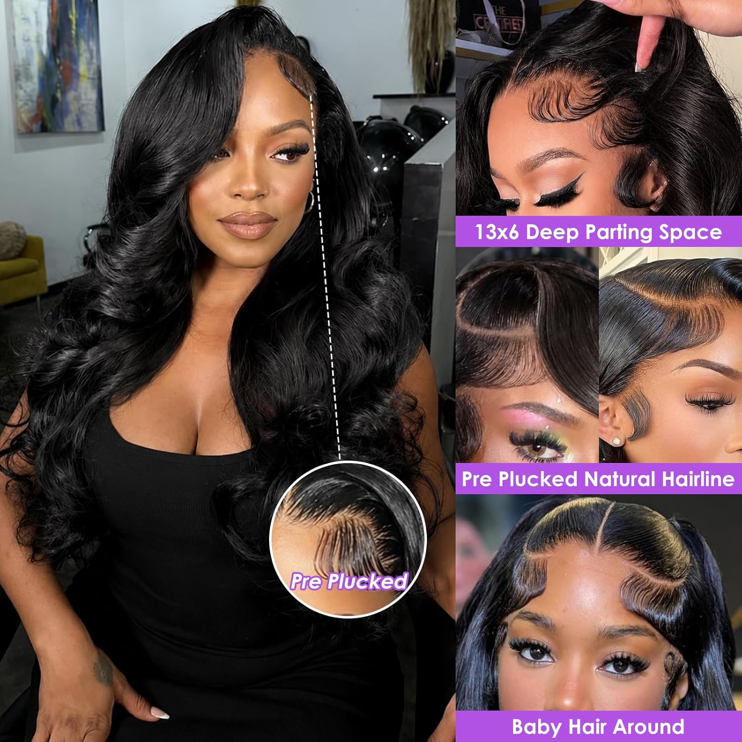 13x6 Lace Front Wigs Human Hair Pre Plucked 180% Density HD Lace Frontal Wigs Human Hair 12A Body Wave Lace Front Wigs Human Hair for Women Natural Black Color (18 Inch) - Image 2
