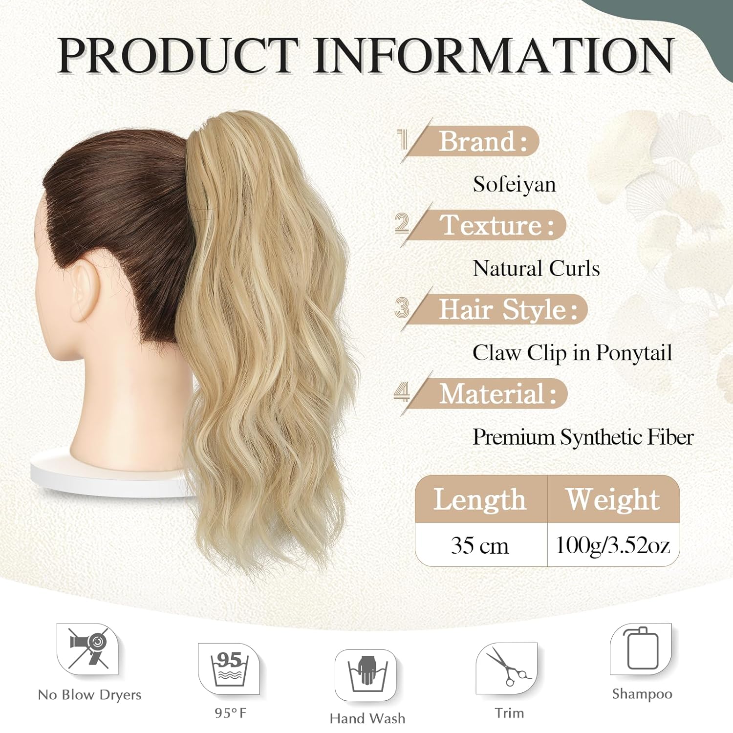 SOFEIYAN 14" Ponytail Extension, Short Wavy Claw Clip in Ponytail Hair Extension Synthetic Hairpieces Beige Blonde Mix Blonde Layered Natural Fluffy Curly Drawstring Ponytail Hair Piece for Women - Image 2