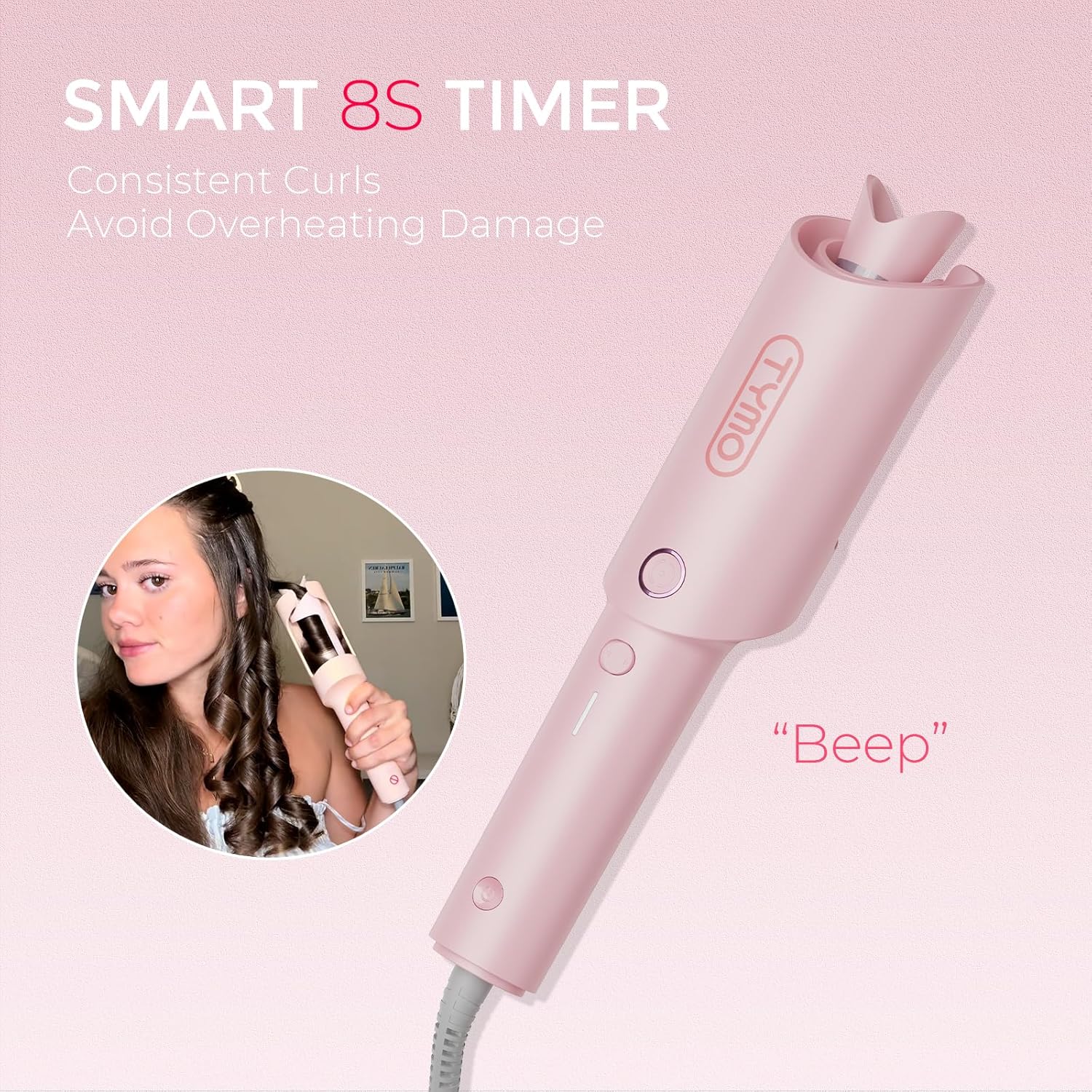 TYMO Automatic Rotating Curling Iron - TYMO CURLPRO Beach Waves Curling Wand, Portable Hair Curler, 500 Million Ionic, Dual Voltage & Lightweight for Travel, Ceramic Coating, 1 Inch, Pink - Image 6