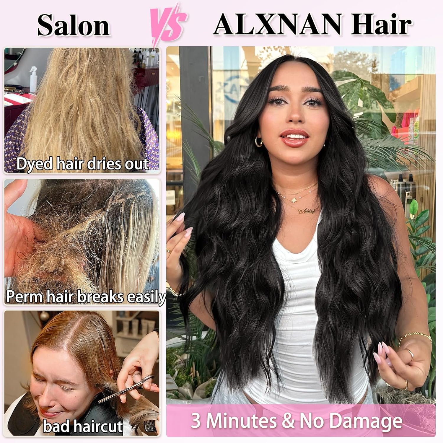 ALXNAN Clip in Long Wavy Synthetic Hair Extension 24 Inch Black Brown 4PCS Thick Hairpieces Fiber Double Weft Hair for Women - Image 3