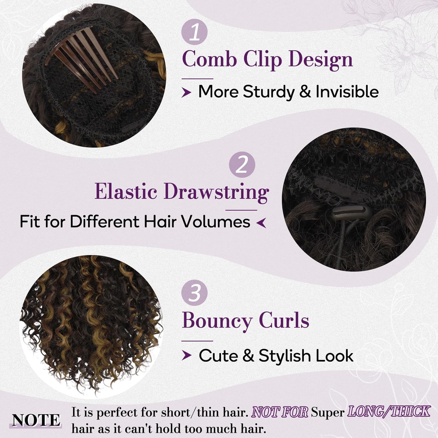 BARSDAR Ponytail Extension, Curly Drawstring Ponytail Pure Protein Fiber 18 Inch Bohemian Curly Drawstring Comb Clip in Pony Tails Hairpieces Fluffy Soft Daily Party, Black Brown with Highlights - Image 3