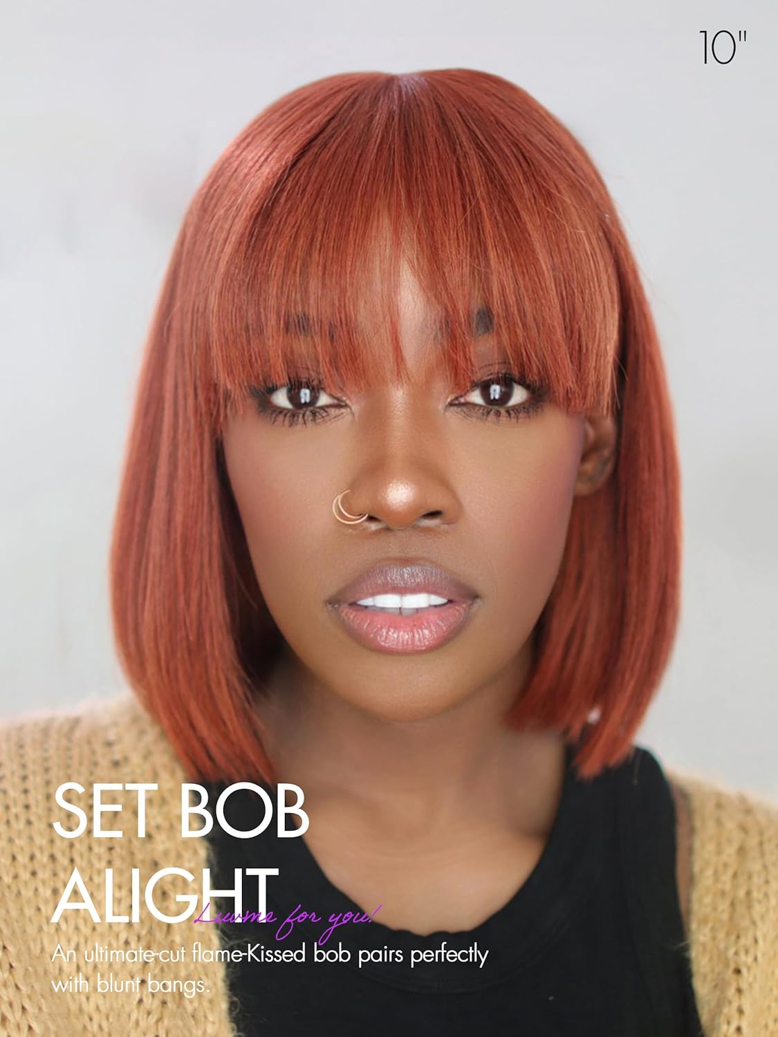 LUVME HAIR 12 Inch Reddish Brown Light Yaki Straight Human Hair Bob Wig With Bangs - Image 3