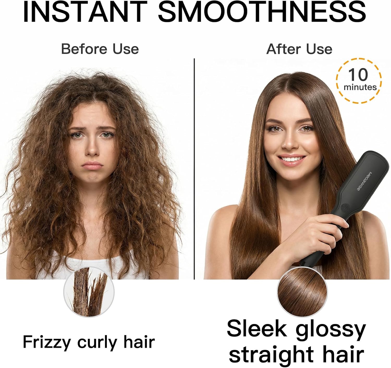 MEGAWISE Pro Ceramic Ionic Hair Straightener Brush for Home Salon, Straightening Hair Brush with 20s Heating Tech, Auto-Off, Anti-Scald with Universal Dual Voltage,Rotatable Power Cord, Black - Image 4