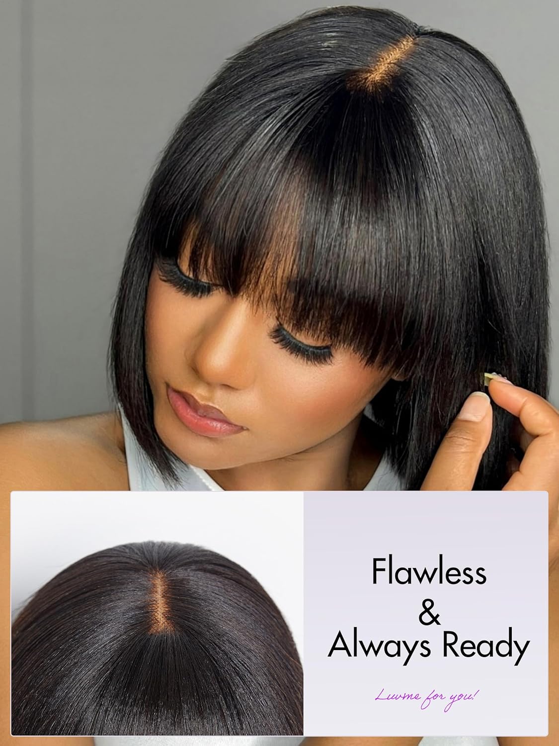 LUVME HAIR 10 Inch Light Yaki Straight Bob Wig with Bangs Human Hair - Image 2