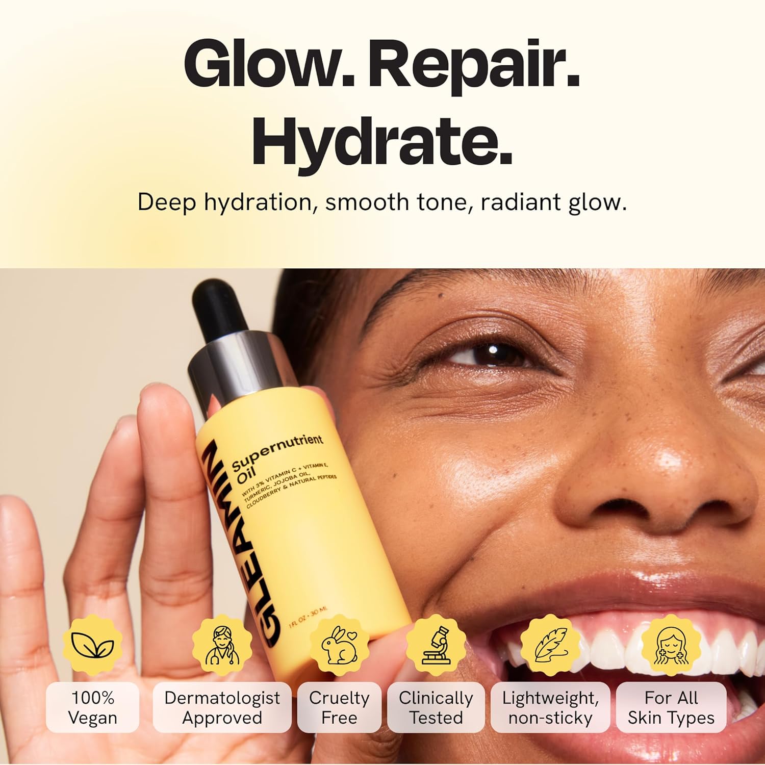 Gleamin Supernutrient Facial Oil - 3% Vitamin C with Jojoba Oil, Cloudberry & Turmeric for Hydration, Firm Look & Even Tone - Lightweight, Fragrance-Free, Skin Care for Women and Men - 1 Fl Oz - Image 7