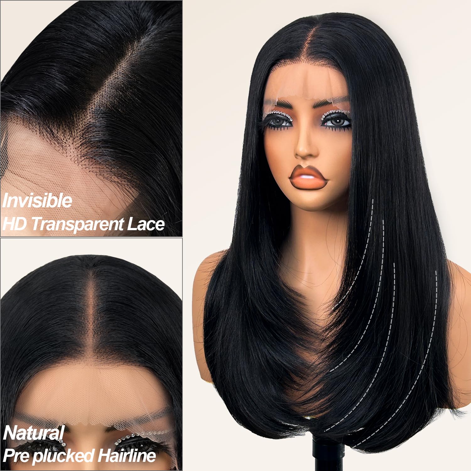 Su Mei.s Glueless Synthetic Lace Front Wig 26 Inches Long Straight Black Wigs for Black Women 13x5x1 HD Lace Hand Tied Pre Plucked Hairline (#1B Natural Black, 26 Inch) - Image 2