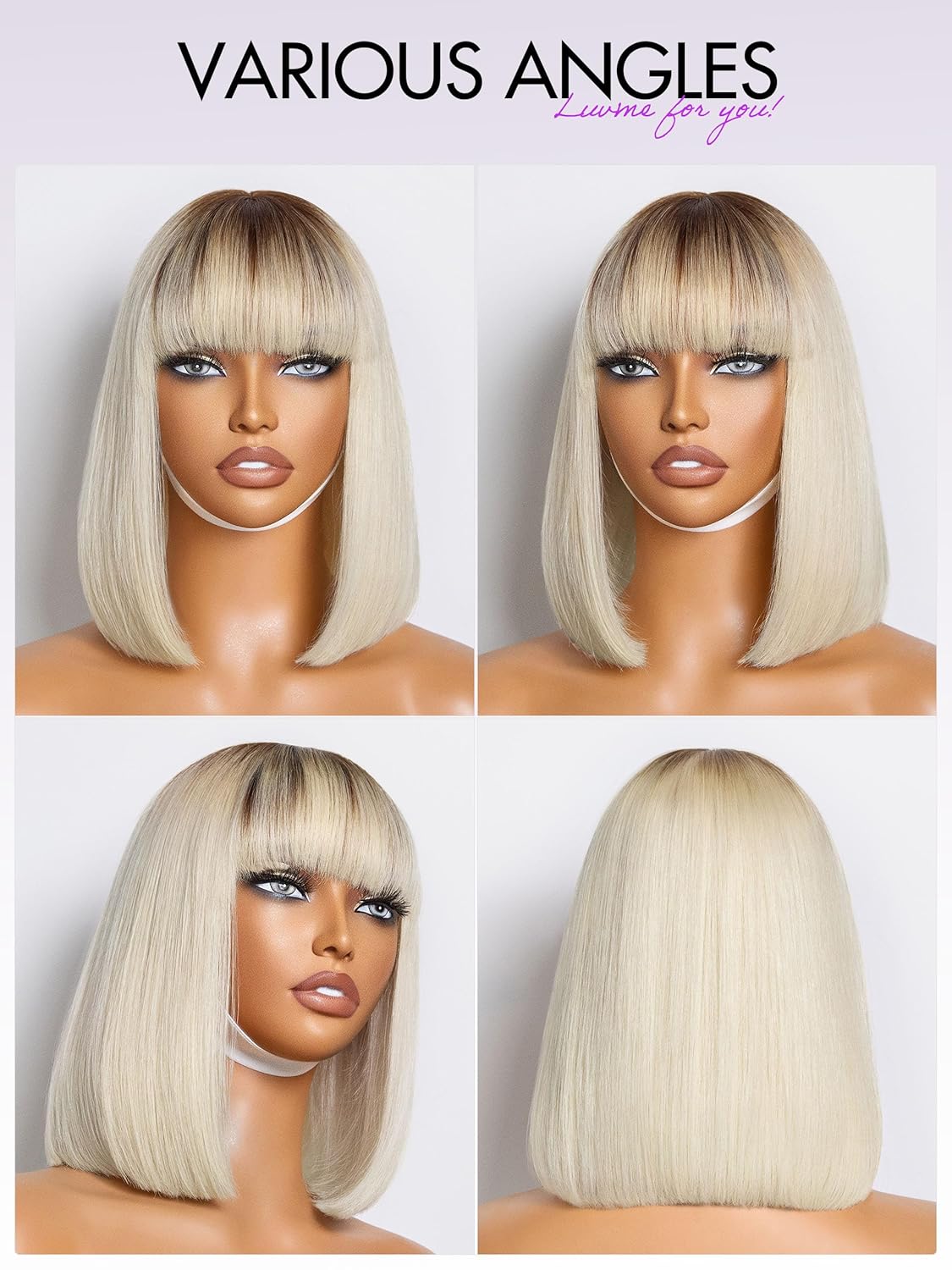 LUVME HAIR Ombre Blonde Bob Wig with Bangs Human Hair, Silky Straight Platinum Blonde Human Hair Short Wigs with Dark Roots, Ready to Go Lace Bang Bob Wig 10 Inch - Image 6