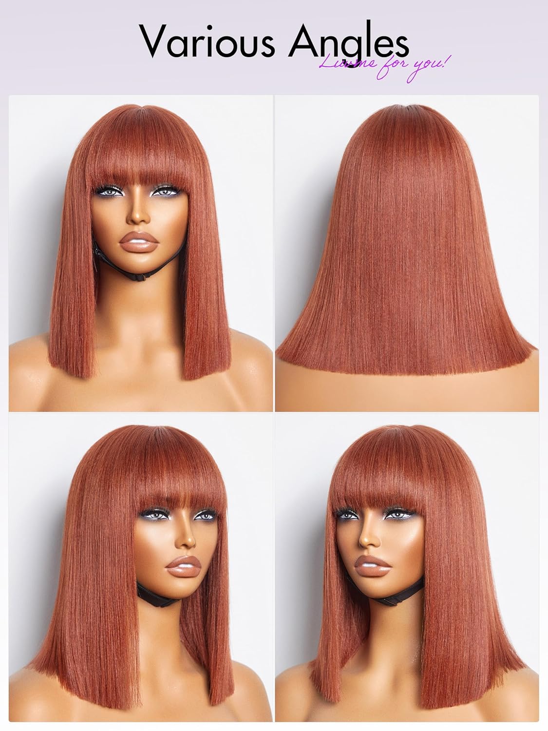 LUVME HAIR 12 Inch Reddish Brown Light Yaki Straight Human Hair Bob Wig With Bangs - Image 7