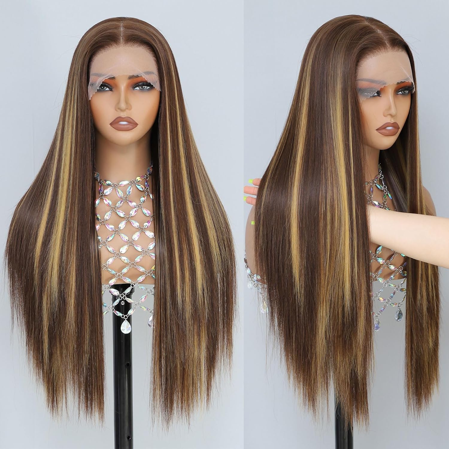 Synthetic Lace Front Wig, Honey Blonde Wig 13x6 Hd Lace Pre-Plucked Long Straight Highlights Glueless Wigs for Black Women 26 Inch Suitable for Everyday Wear